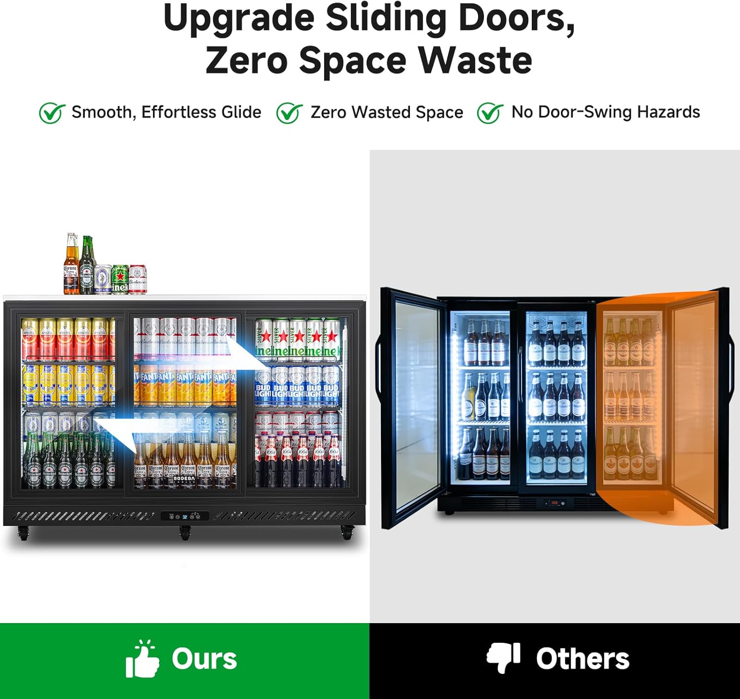 BODEGACOOLER Back Bar Cooler,12 Cu.ft Commercial Beverage Refrigerator with 3 Sliding Glass Doors, Stainless Top,Beverage Fridge Perfect for Beer,Wine,Soda,DOE Approved, With Casters