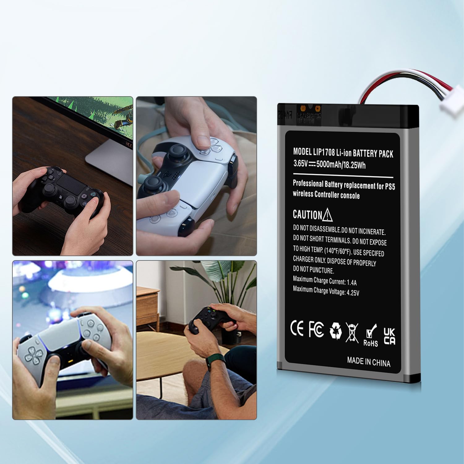 1 batteria controller PS5 da 5000 mAh, aggiornamento ad alta capacità LIP1708 batteria di ricambio per controller wireless Sony PS5 PlayStation 5 DualSense CFI-ZCT1W con kit di attrezzi