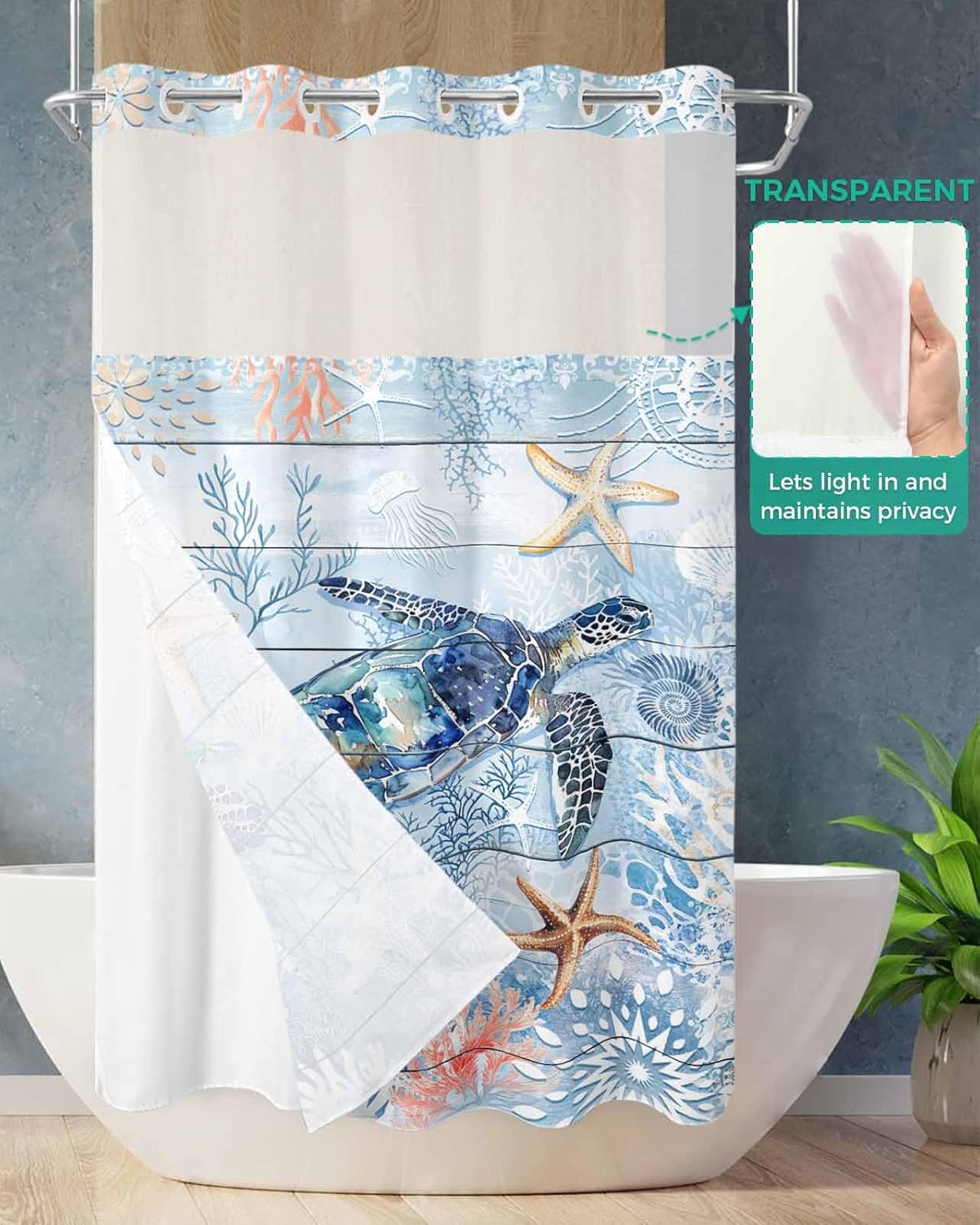 Blue Turtle No Hook Shower Curtain with Snap in Liner Summer Ocean Beach Starfish Coral Wood Board Shower Curtain for Bathroom, Fabric Waterproof Inner Liner, Hotel Style with Mesh Top Window, 36x78