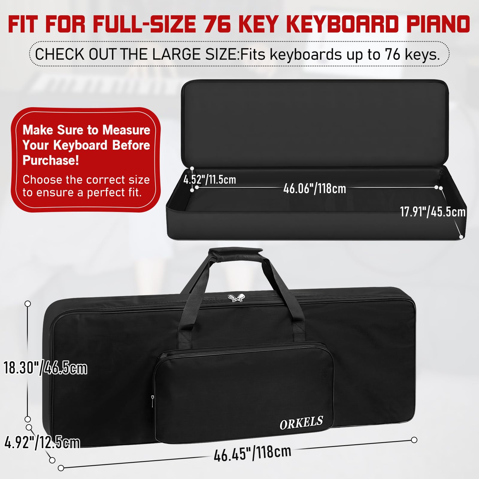 ORKELS Keyboard-Tasche mit 76 Tasten, 10 mm gepolstert, für E-Biano Keyboard, Gigbag Rucksack, mit großer Zubehörtasche (für 76 Tasten Keyboard)