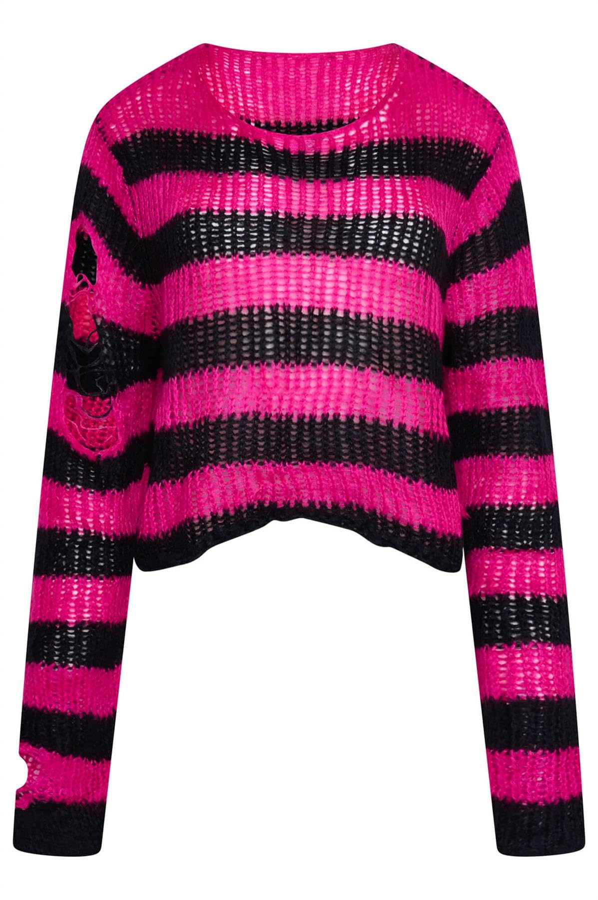 Ro Rox Women's Black-Hotpink Ryette Cropped Striped Knit Jumper For – Distressed Oversized Grunge Gothic Sweater, Long Sleeve Alternative Punk Alt Top