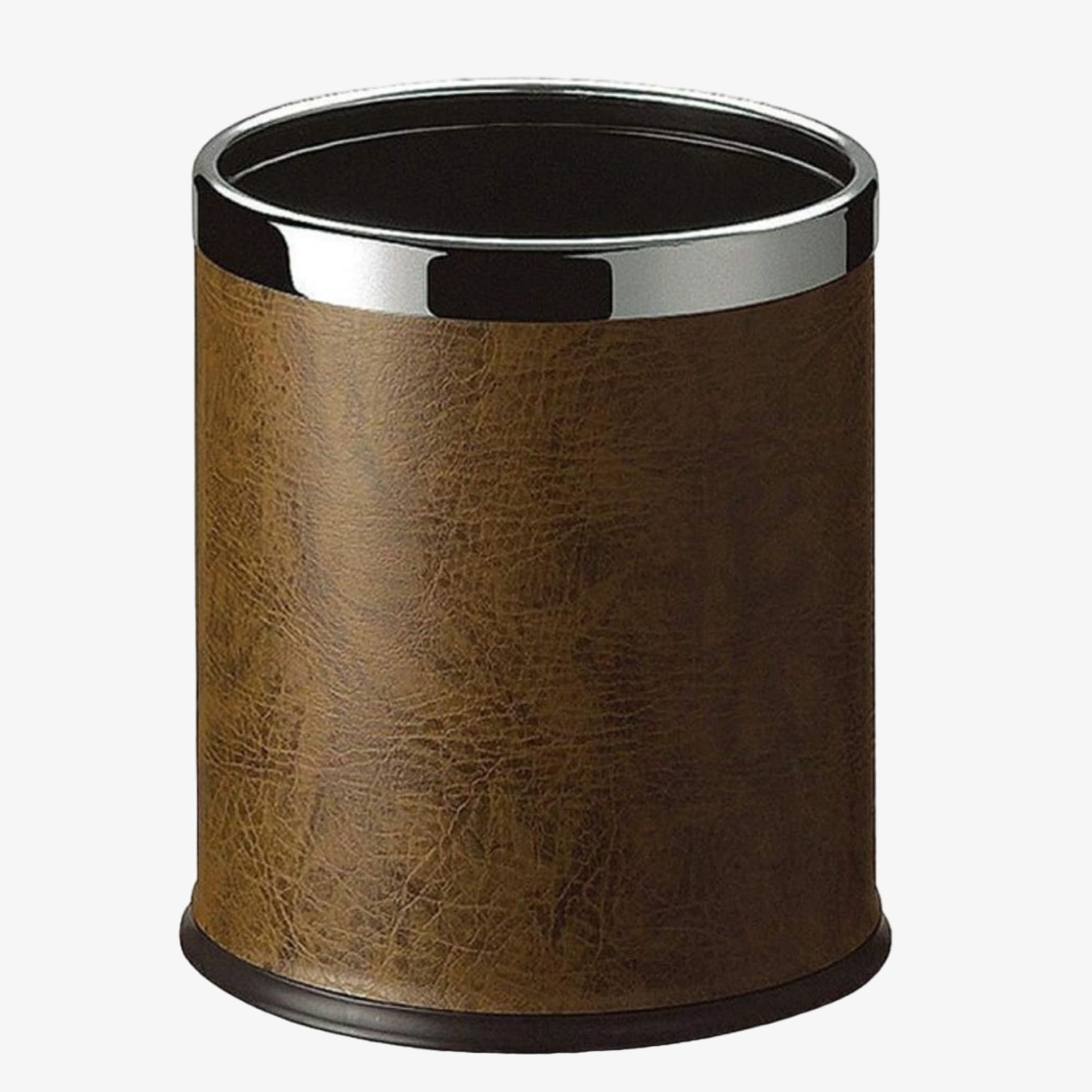 Cestino Gettacarte Rotondo da 10L in Ecopelle Marrone – Design Aperto di Lusso per Bagno, Ufficio, Casa, Hotel e Resort