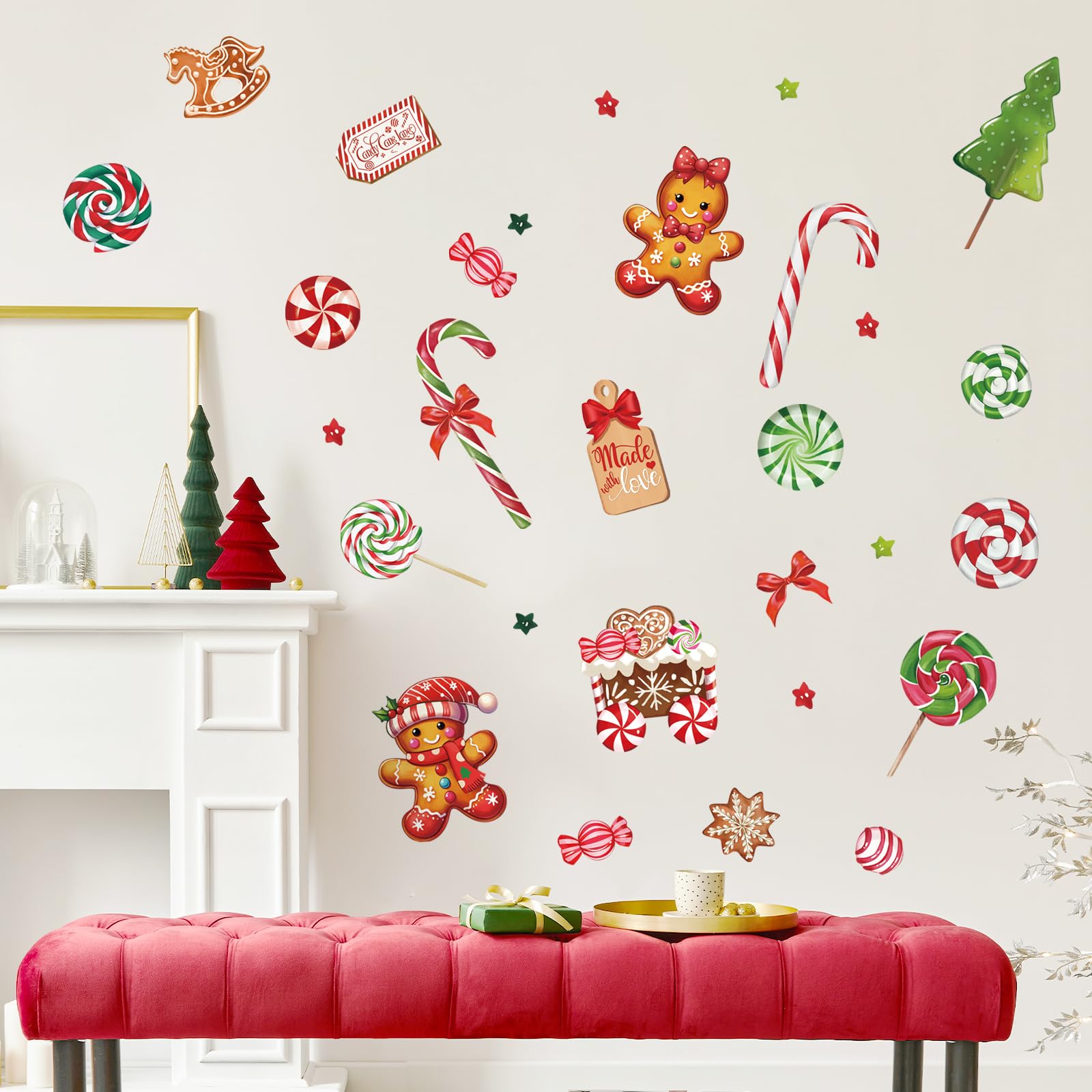 FUFUQUARE Gingerbread Man Wall Stickers Christmas Red and Green Candy Cookie Wall Art Decals PVC Peel and Stick Xmas Decoration for Home Kitchen Festival Party - Image 2