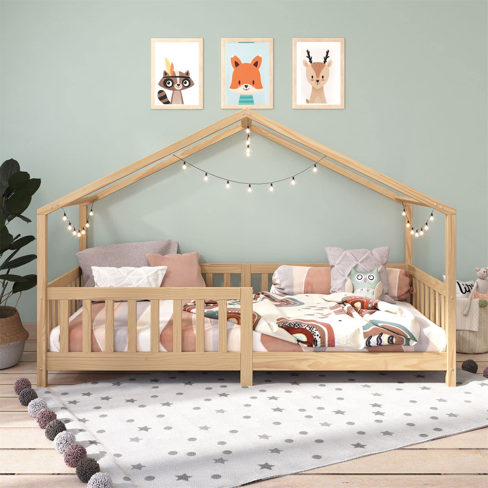 IDIMEX ENA House Bed Made of Solid Pine in Nature, Beautiful Montessori Bed 90 x 200 cm, Practical Tii Bed with Fall Protection, Stable Children's Bed