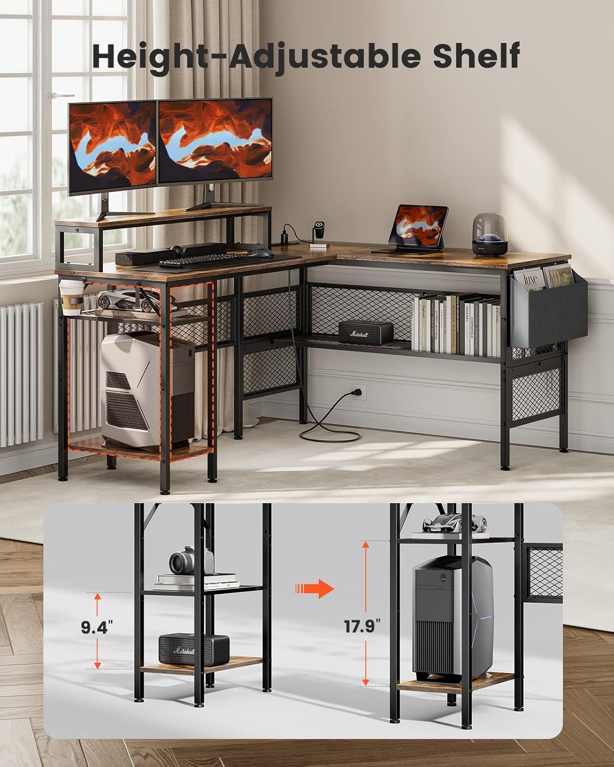 ErGear desk showing height-adjustable CPU shelf