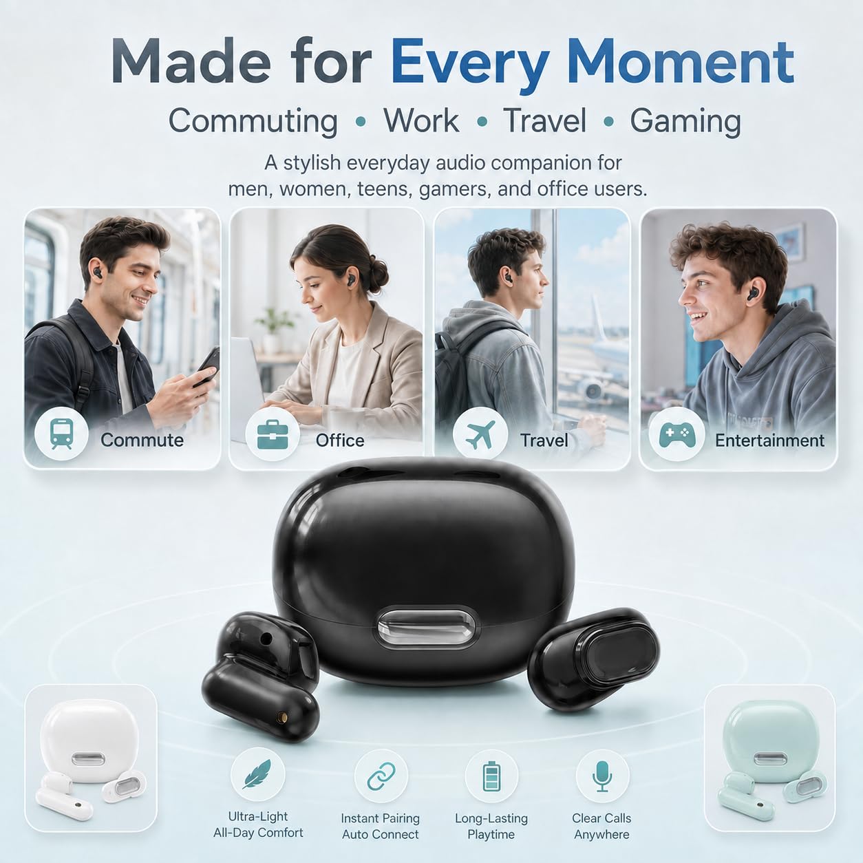 MS129 Bluetooth Kopfhörer In Ear, 3.5g Ultraleichte Schlaf Kopfhörer, Kabellose Ohrhörer Bluetooth 6.0 Geräuschunterdrückung, Low Latency Gaming Kopfhörer, 35 Std. Wiedergabezeit (Weiß)