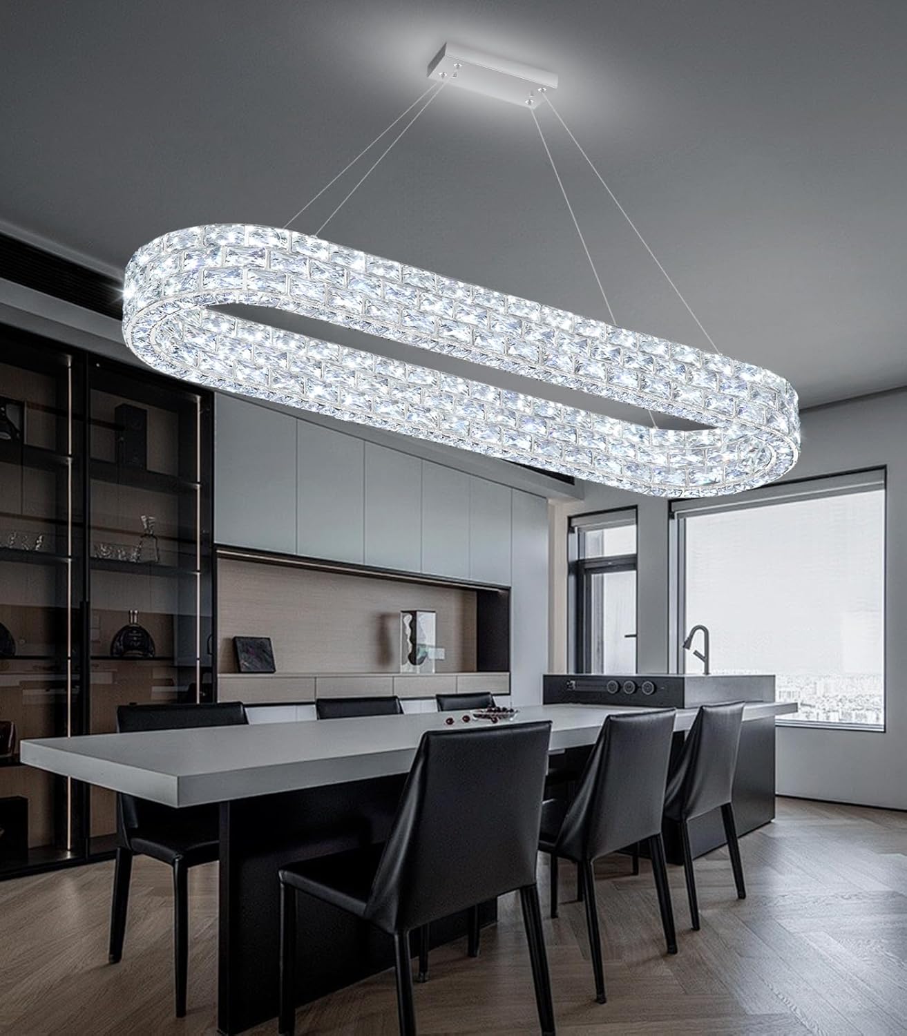 40'' Oval Crystal Chandelier Modern Chandeliers LED Dimmable Ceiling Fixtures Contemporary Luxury Pendant for Dining Room Bedroom Living Room Silver