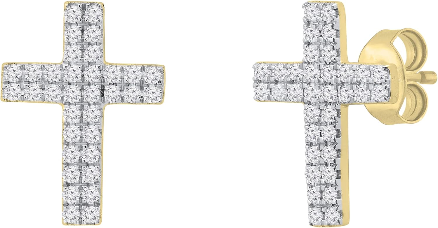 Dazzlingrock Collection Round White Natural Diamond Double Row Religious Cross Unisex Stud Earrings (0.19 Ctw) in Real Solid Gold