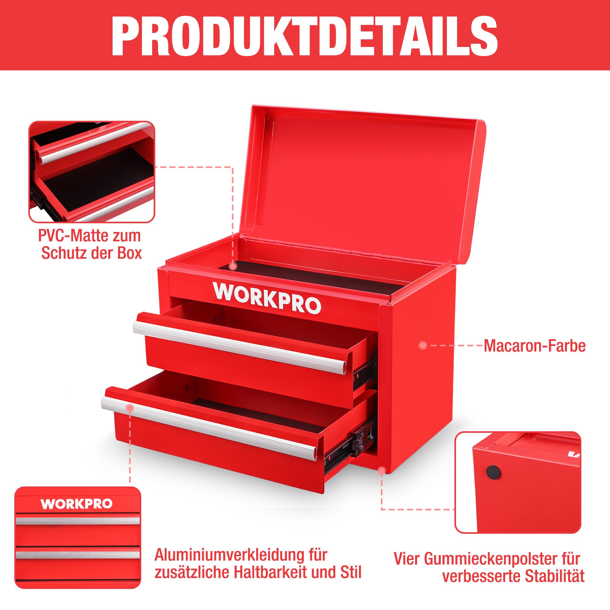 WORKPRO Metall Schubladenbox 2 Schubladen, Rot, Tisch Organizer | Mit oberem Stauraum, ideal für Büro, Schreibtisch und Umkleide, zur übersichtlichen Aufbewahrung von Kleinteilen