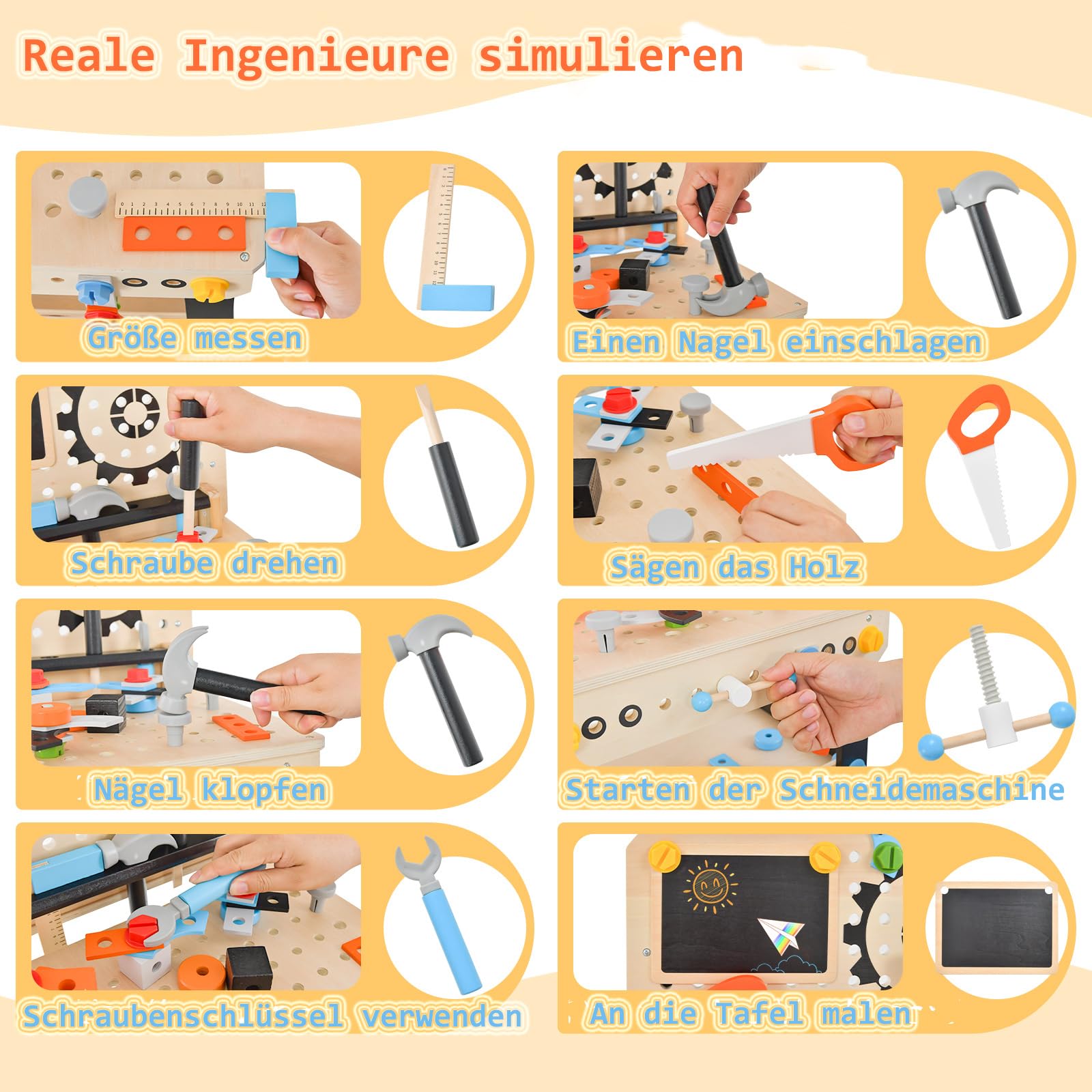 DREAMADE Werkbank Kinder, Werkzeugbank für Kinder aus Holz mit 6 Werkzeugen und 75 Zubehör, Werkzeug Spielzeug Set mit Kreidetafel und hängendem Werkzeughalter, Werkbank für Kinder ab 3 Jahren
