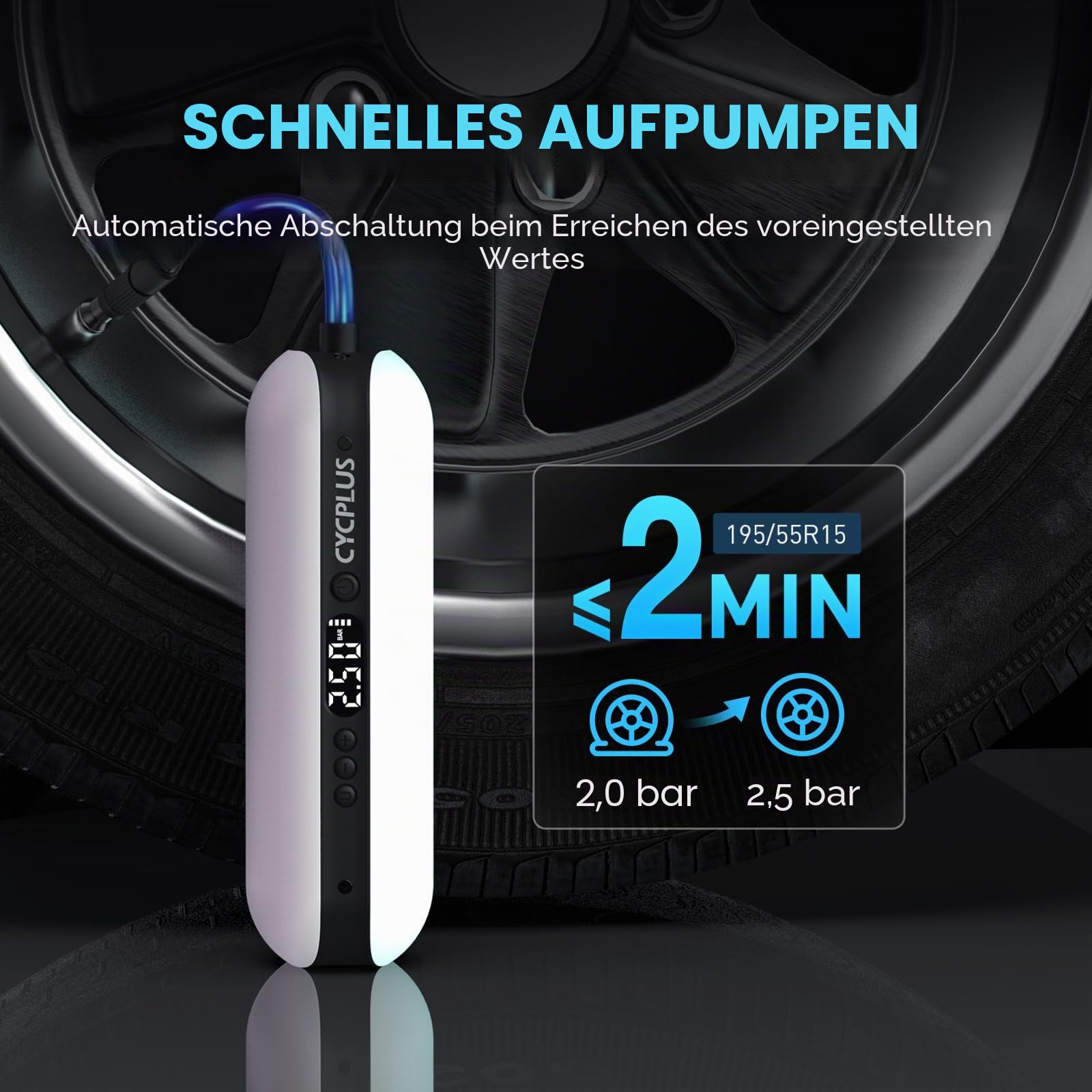 CYCPLUS Luftpumpe 150PSI Elektrischer Kompressor Tragbar Fahrradpumpe Mini Reifenpumpe mit Digital LED Anzeige LED Licht Wiederaufladbarer Li-ionen für alle Fahrräder Motorräder und Autos