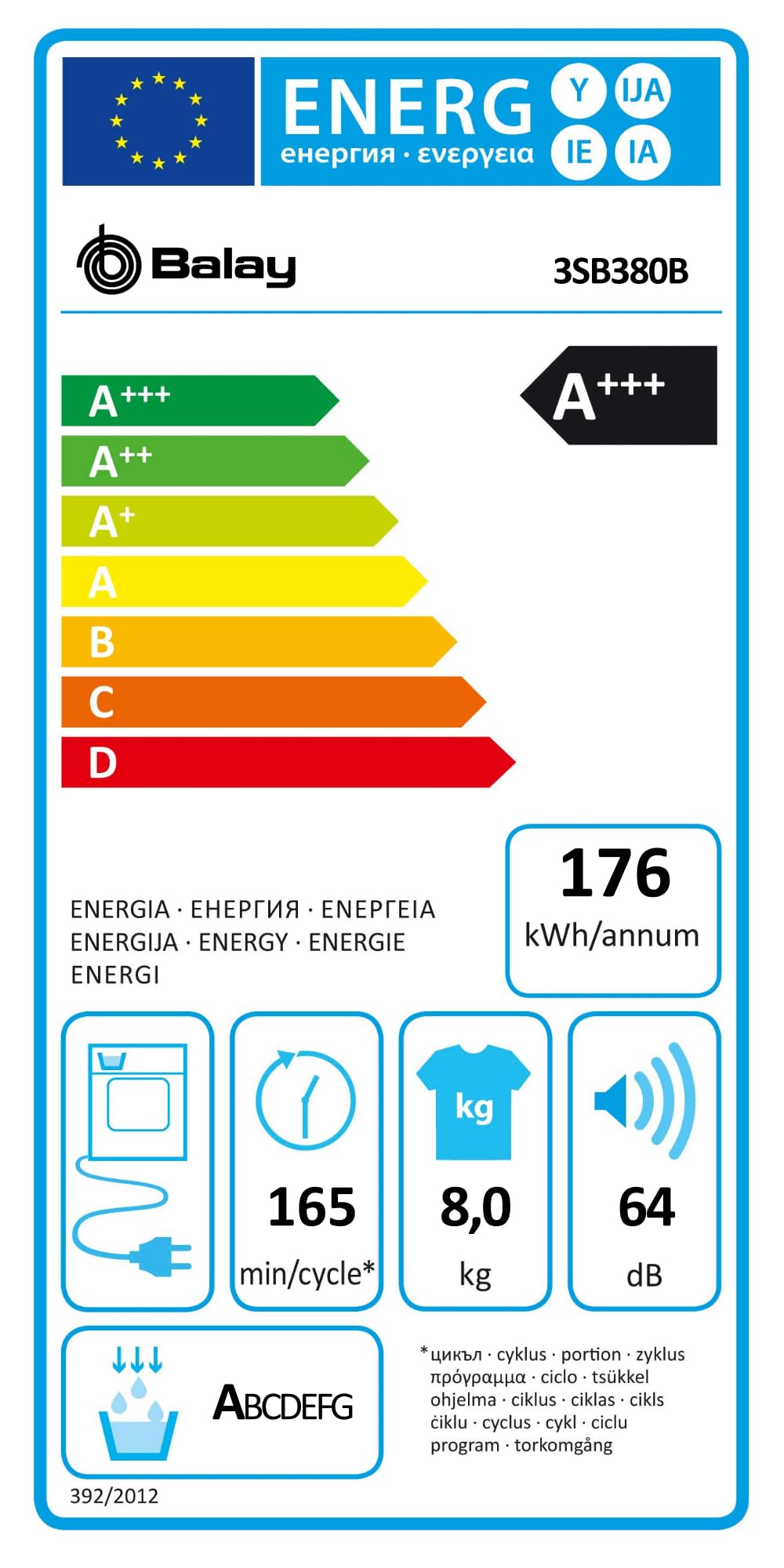 Balay 3SB380B - Secadora, Bomba de Calor, A+++, Libre instalación, 60 cm, 8 kg, Blanco, Display LED, filtro de fácil limpieza, programa para ropa de cama, puerta cristal, 2022