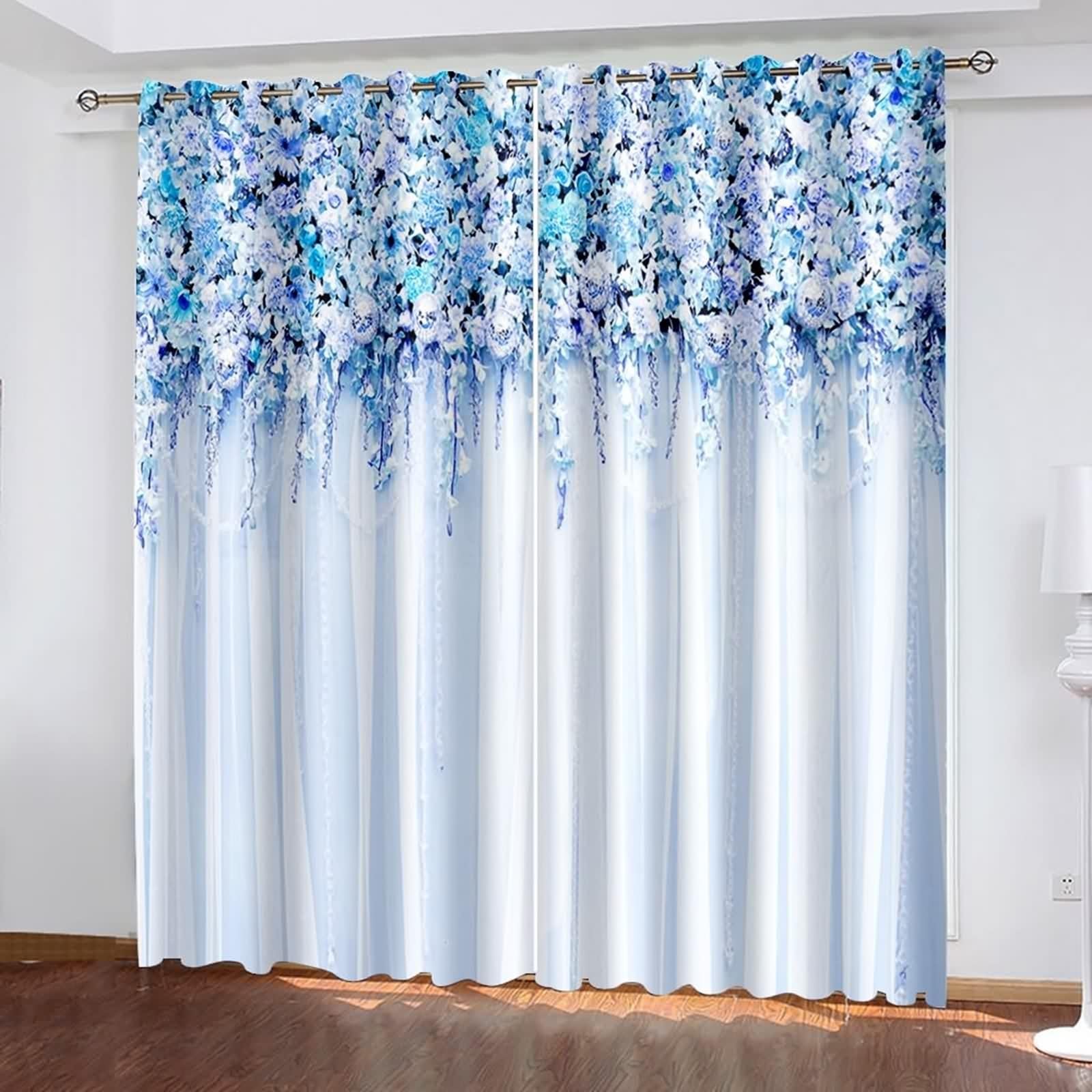 Rideau Anniversaire, Rideaux Fenetre Bleu Violet Blanc Polyester Vignes de Fleurs 3D 152L x 274H CM Lot de 2