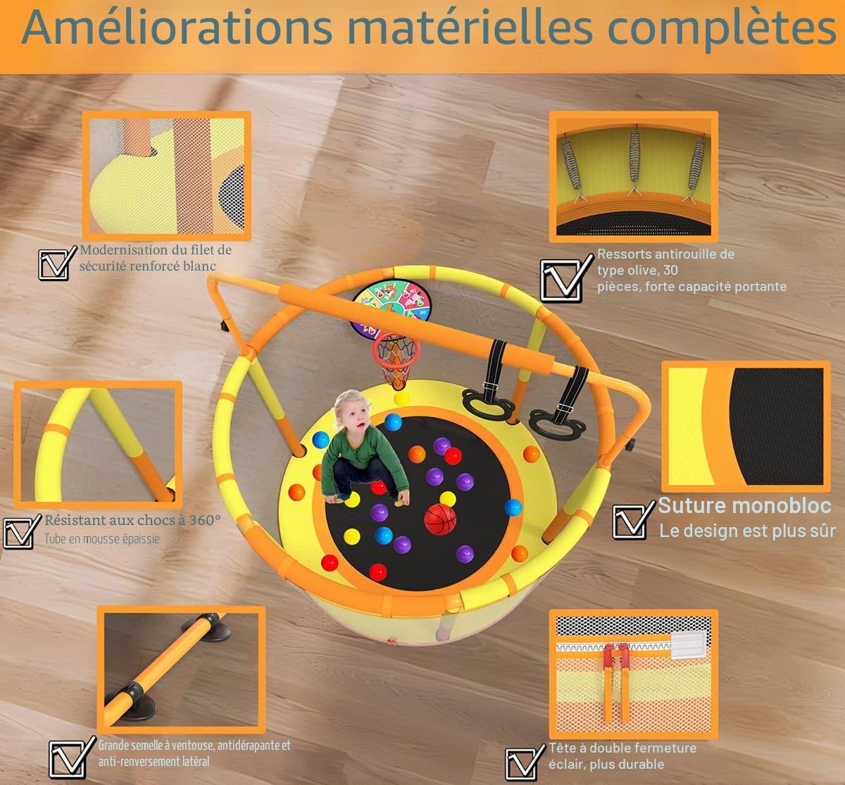 CZCPAPY Trampoline pour Enfants, Trampoline pour Enfants Extérieur, Utilisation Intérieure et Extérieure, avec Filet de Sécurité, Panier, Poteaux, Balançoires, Cadeau pour Enfants (jaune orange)