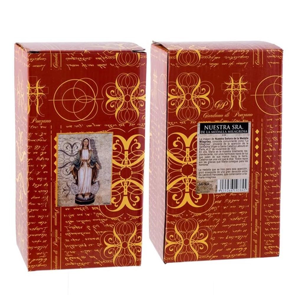 Virgen Milagrosa Figura 32 cm. Escultura medallas Laterales peana Estrellas Resina