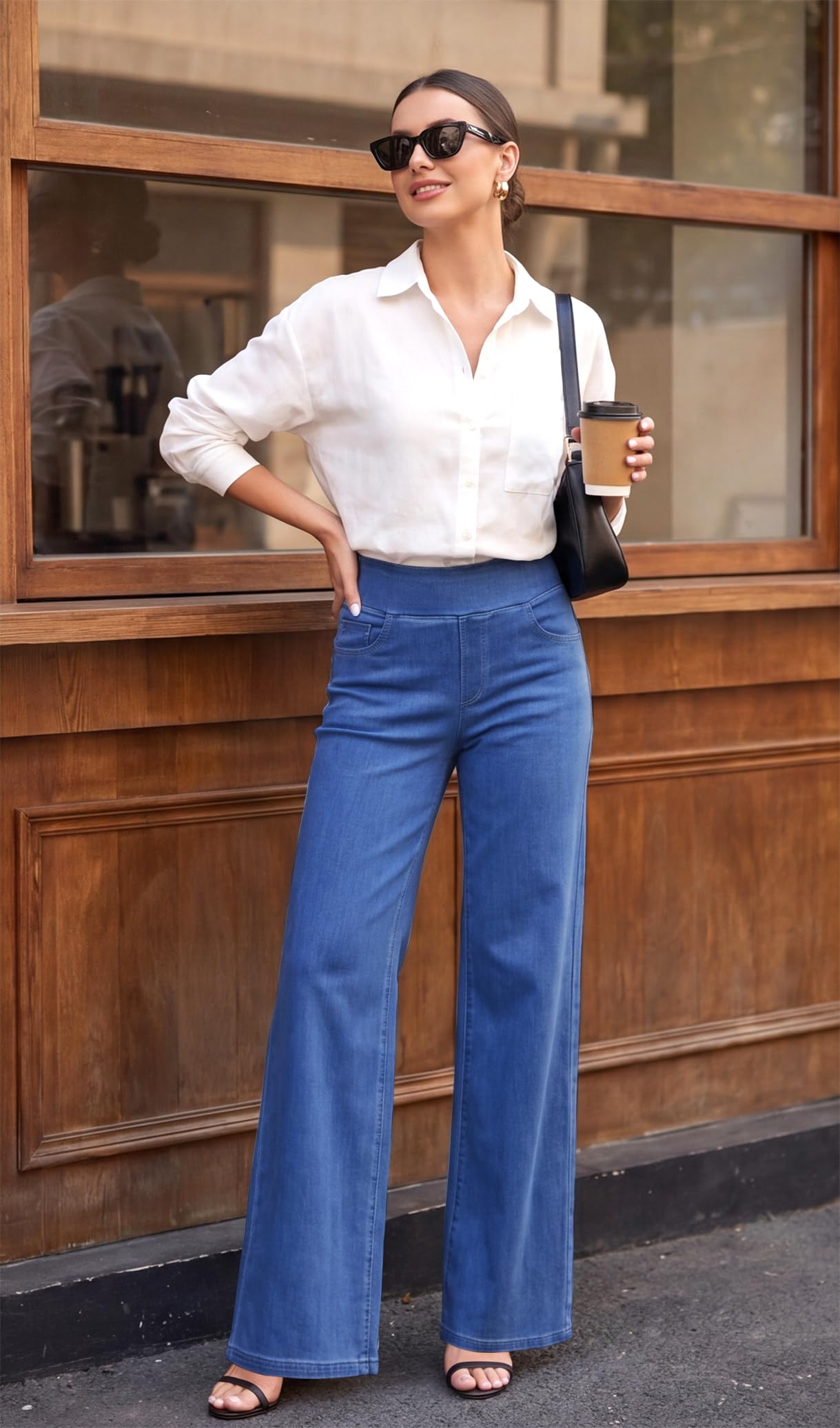 LaiEr Jeans a Gamba Larga da Donna,Vita Alta,Modellante sulla Pancia,Taglio Dritto e Ampio,Alta Elasticità Baggy,Senza Sbiaditure,Adatto per Tempo Libero,Yoga e Fitness,Jeans Elastici a Gamba Larga