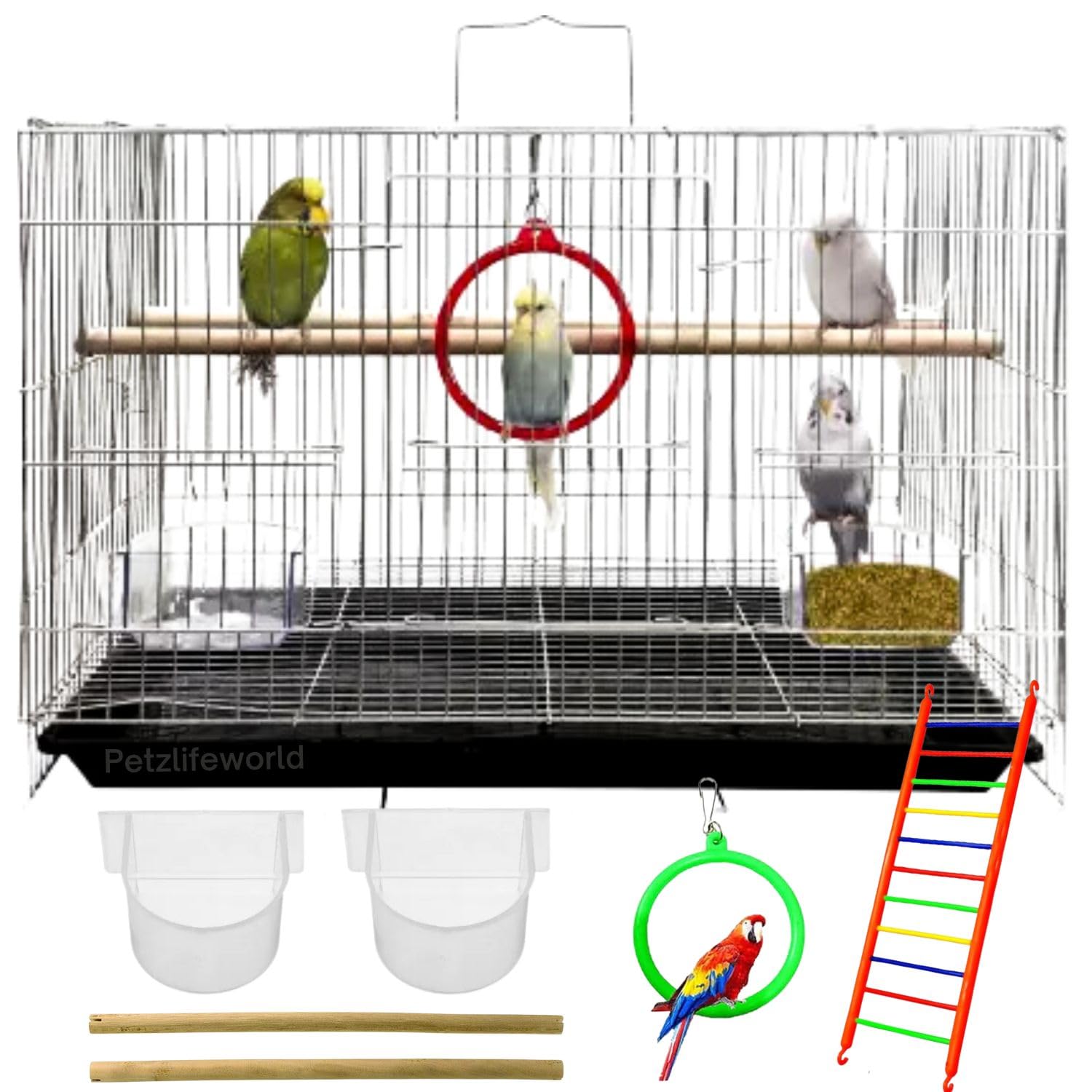 VAYINATO® 2 Feet (24 Inch) Stainless Steel Birds Cage with Black Tray for Budgies, Love Birds, Cocktails, Conures & All Small Birds with Free Hanging Toys by Petzlifeworld