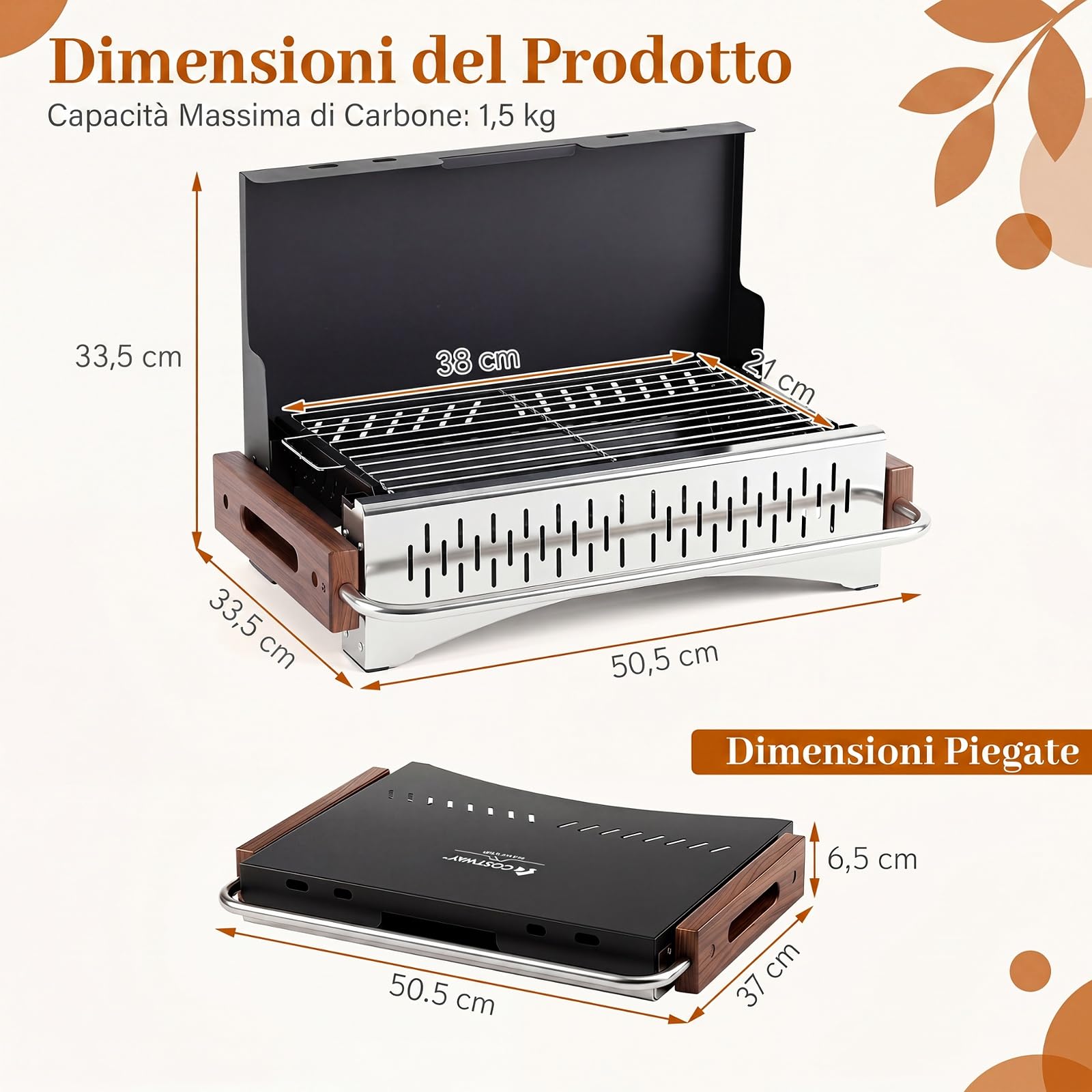 COSTWAY Barbecue a Carbonella Portatile, Barbecue Carbone da Tavolo con Griglia Regolabile in Altezza e Vaschetta in Smalto Rimovibile, Griglia a Carbone per Campeggio e Picnic (50,5 x 33,5 x 33,5 cm)
