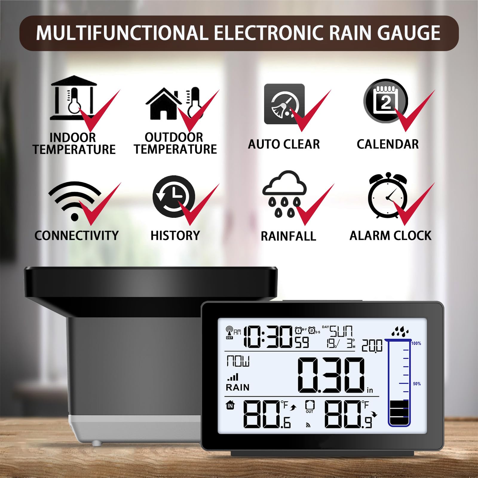 Pluviomètre numérique sans fil pour l'extérieur, auto-vidage pour l'extérieur, jauge de pluie électronique pour cour, jauge de pluie anti-gel avec thermomètre, compteur de pluie à distance pour jardin