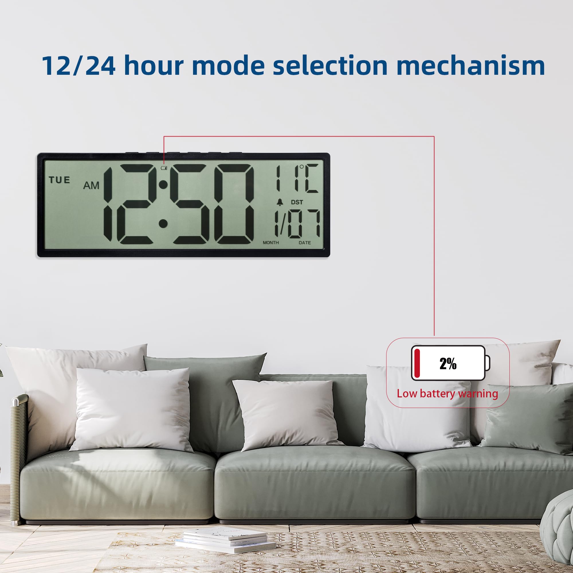 Maxstar Grande Horloge Murale Numérique 15" Grand Écran LCD Chiffres Géants Piles Auto DST Température Date