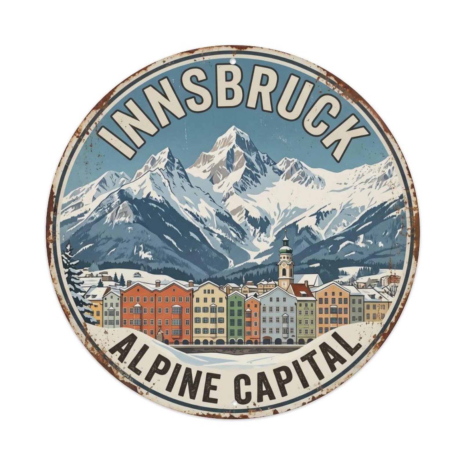 Vintage Travel Innsbruck Austria Mountains Metal Tin Sign Plaque Wall Decor for Cafe, Club, Garden Round Metal Poster 8x8Inch