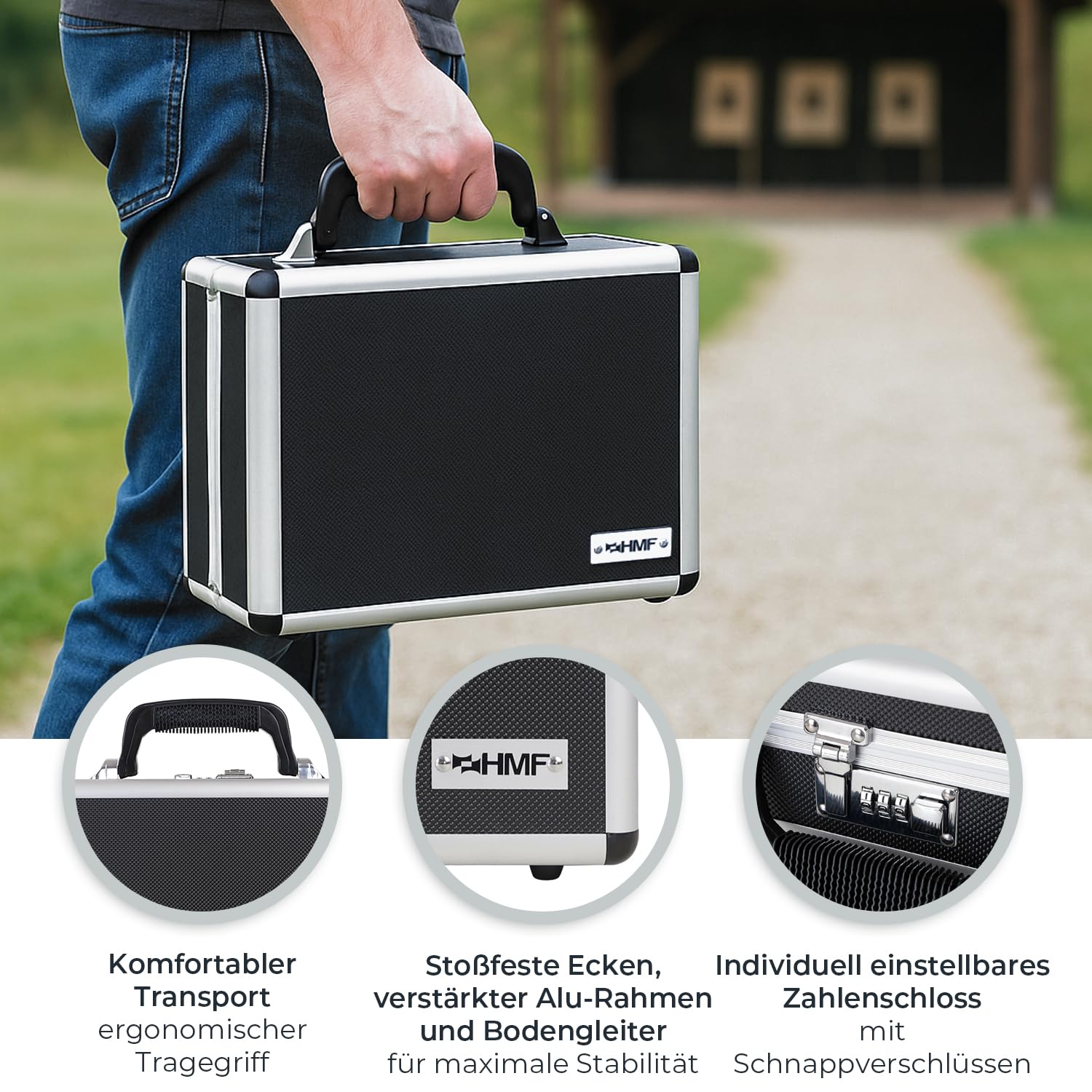 HMF 14401-02 Alu Waffenkoffer für Pistolen mit Zahlenschloss | 31 x 26 x 11 cm | Schwarz