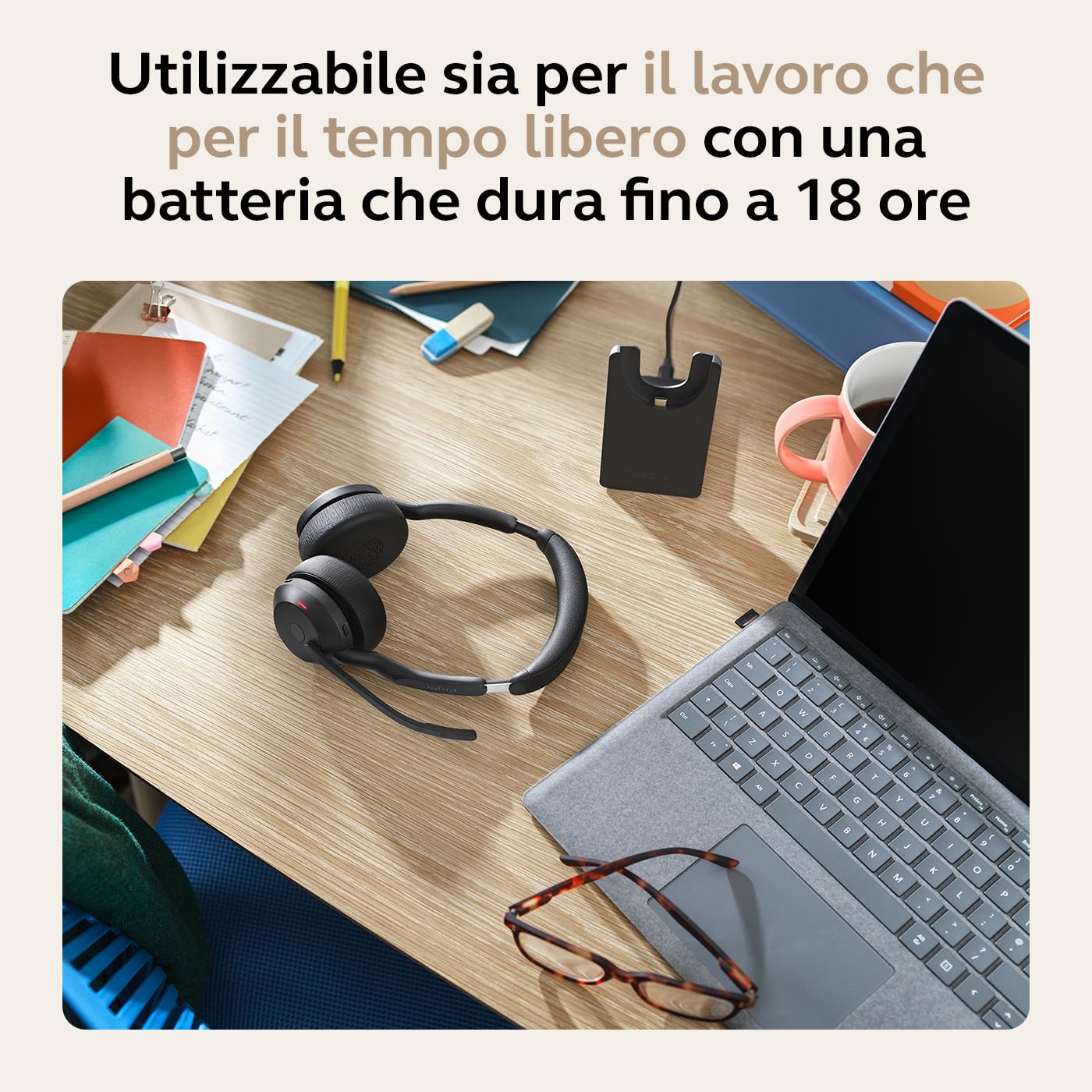 Jabra Evolve2 55 Cuffie Wireless Stereo con tecnologia Jabra Air Comfort, USB-A dongle, Ottimizzato per Microsoft Teams, Stereo, Senza Supporto