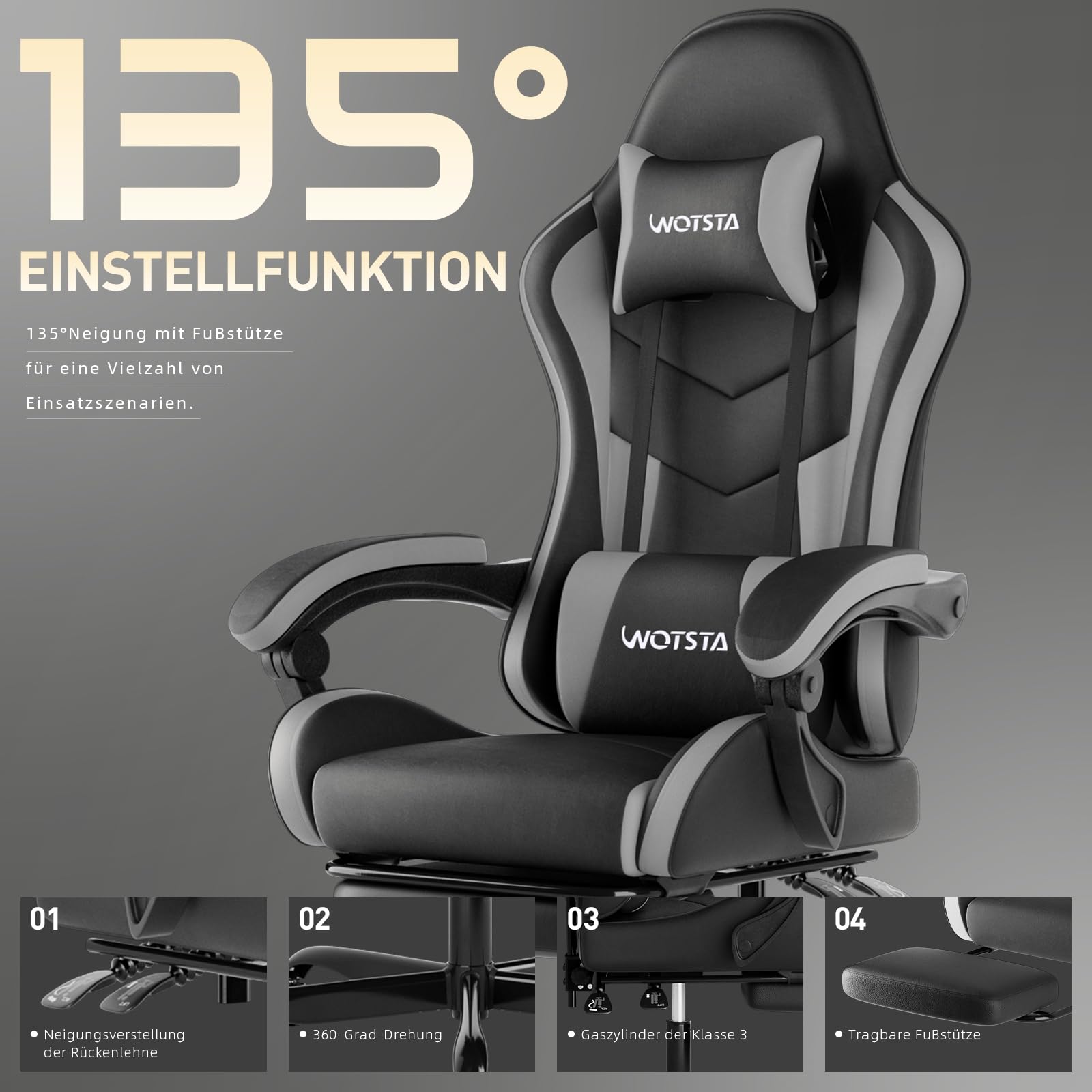 Gaming Chair Computerstuhl Ergonomischer Gaming Stuhl mit Fußstütze Bürostuhl Ergonomischer Computerstuhl mit Lendenwirbelstütze (BLKGY)
