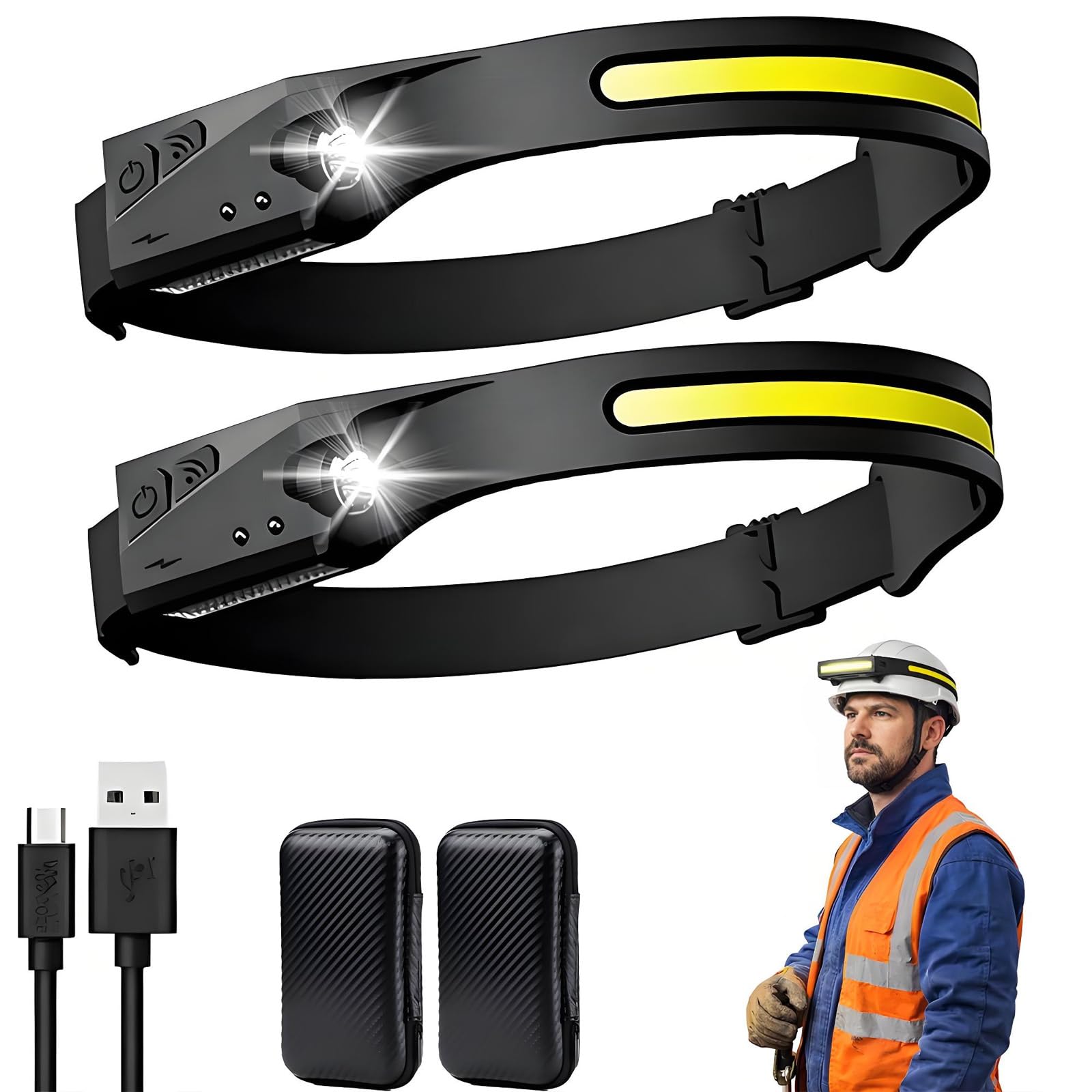 ArkenLite LED Lampe Frontale, 230° Torche Frontale Rechargeable USB Capteur De Mouvement, IPX4 Étanche Ultra-légère, Autonomie 8h, ampe Frontal pour Randonnée Bricolage Camping Pêche (A,2 pièces)
