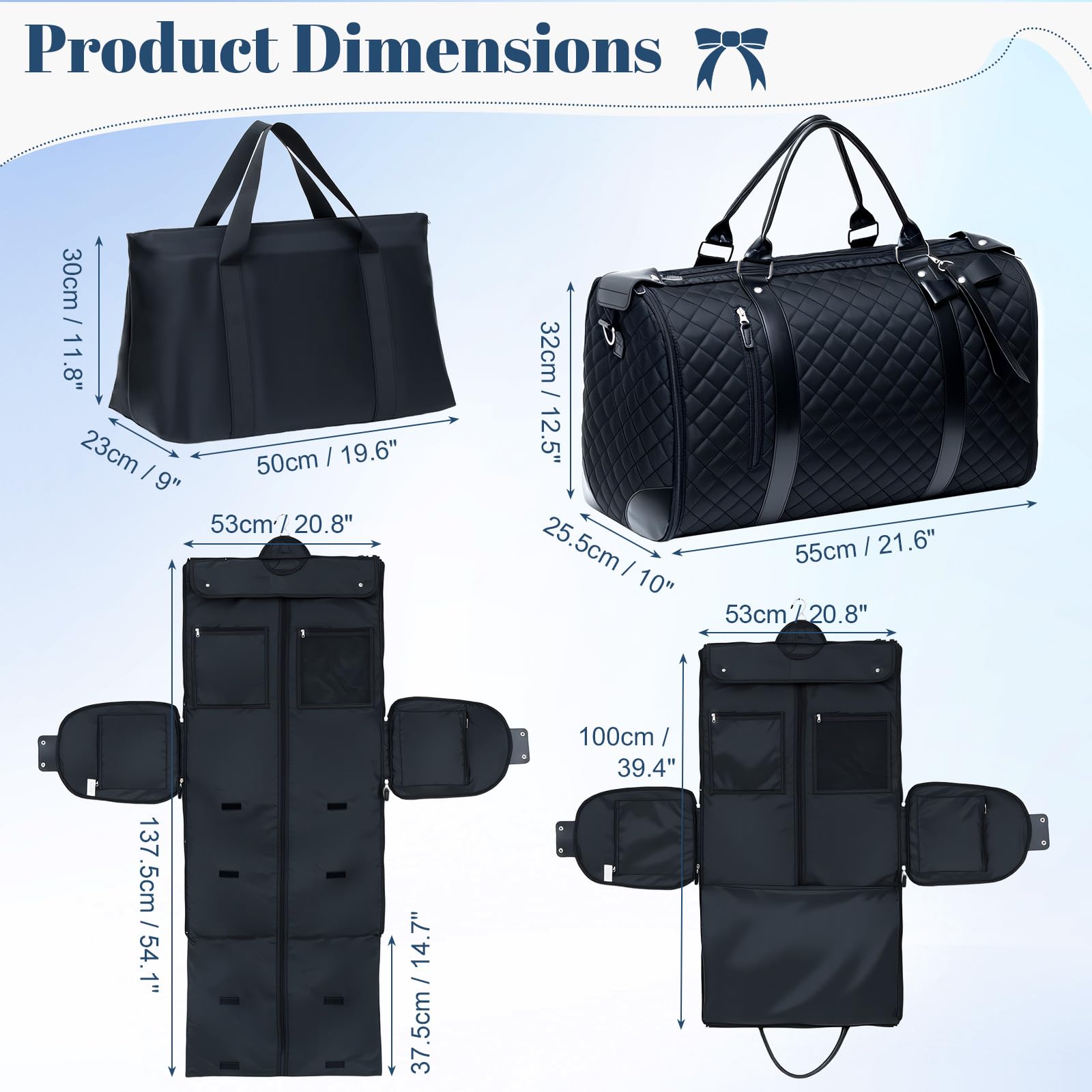 GARPROVM Anzugtasche Reisetasche für Damen, 3 in 1 Umwandelbar Kleidertaschen 2 Säcke Design mit Abnehmbar Handgepäck, Wasserdicht Wochenende Kleidersack Tasche für knitterfreie Reise (Schwarz)