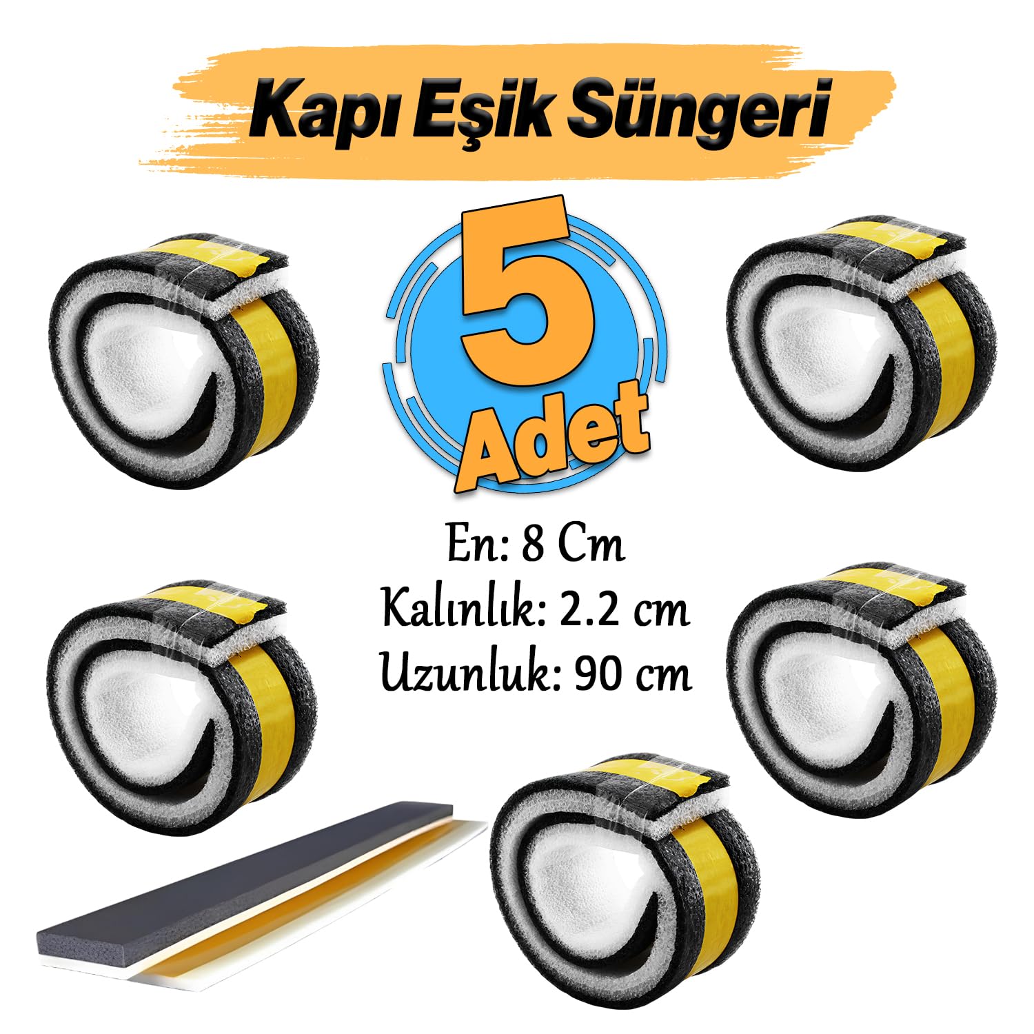 5 ADET Yapışkanlı Kapı Altı Eşik Süngeri İnce Köpük Soğuk İzolasyon Bandı Fitili 90 cm
