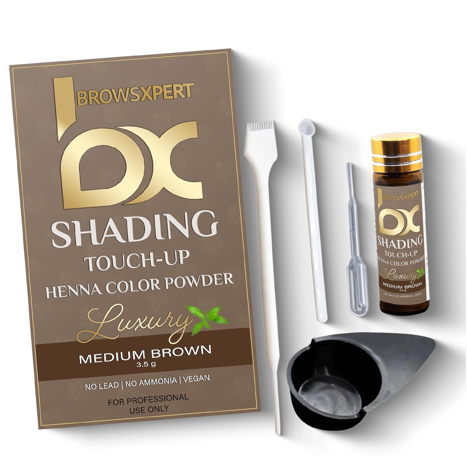 BROWSXPERT Professional Shading Touch-Up Kit — Herbal Henna Color Powder with Mixing Dish, Stir & Brush + Follow Instructions | 3.5g | Medium Natural Brown