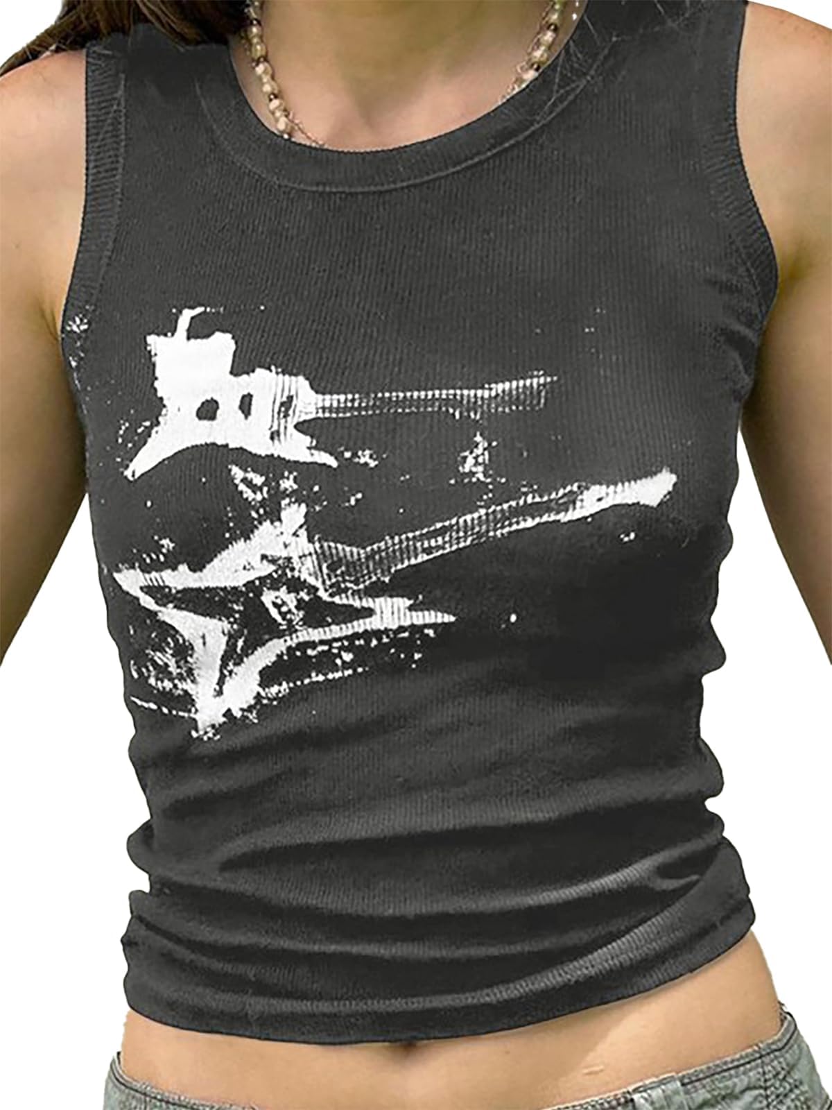 LQI Women's Tank Tops, Guitar Ribbed Summer Tops Sleeveless Y2K Crop Tops: Medium C Grey