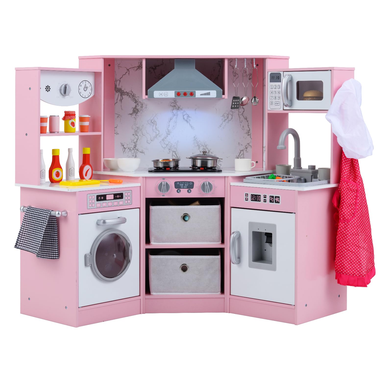 COSTWAY Kids Corner Play Kitchen, Wooden Pretend Toy Kitchen with Realistic Lights & Sounds, Running Water Circulation, Accessory Utensils, Children's Chef Role Play Set for Boys Girls (Pink)
