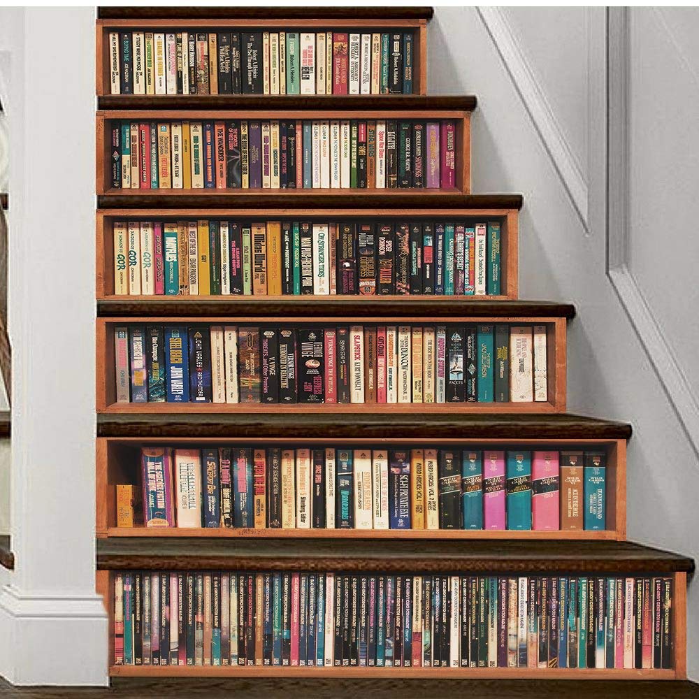 3D Bookcase Stair Stickers Simulation Bookshelf Wall Stair Stickers for
