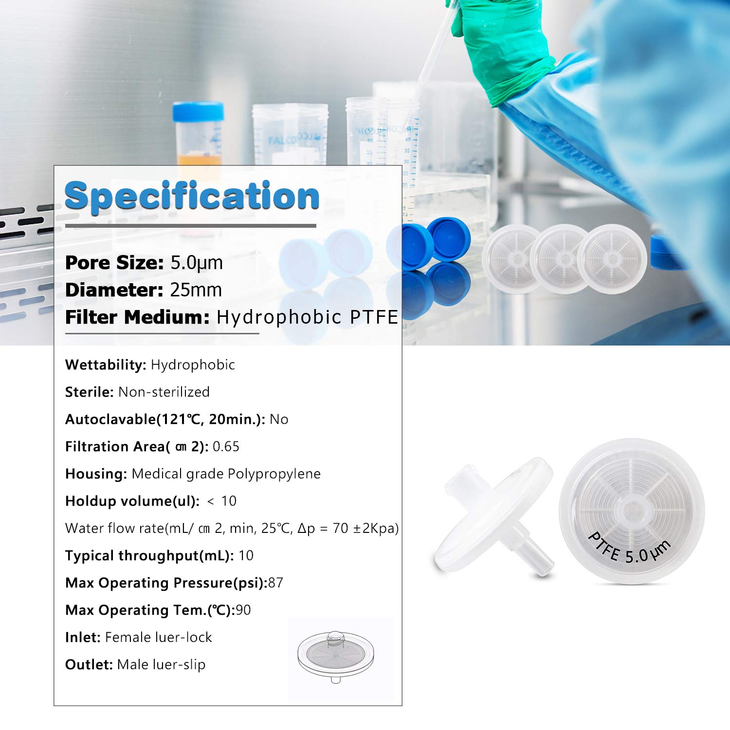 BioTechnology Lot de 100 filtres en PTFE pour seringue hydrophobe, diamètre 25 mm, 5 μm, taille des pores pour filtration de laboratoire