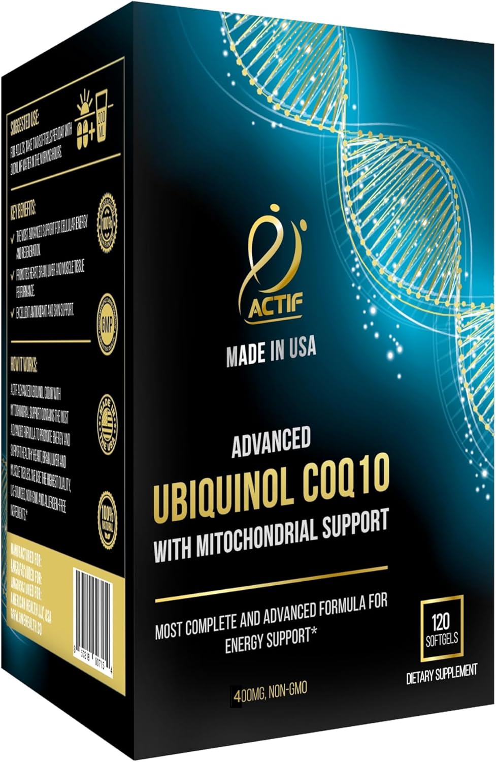 ACTIF Super Ubiquinol CoQ10 with Enhanced Mitochondrial Support, Non-GMO, Made in USA, 200mg, 120 Count