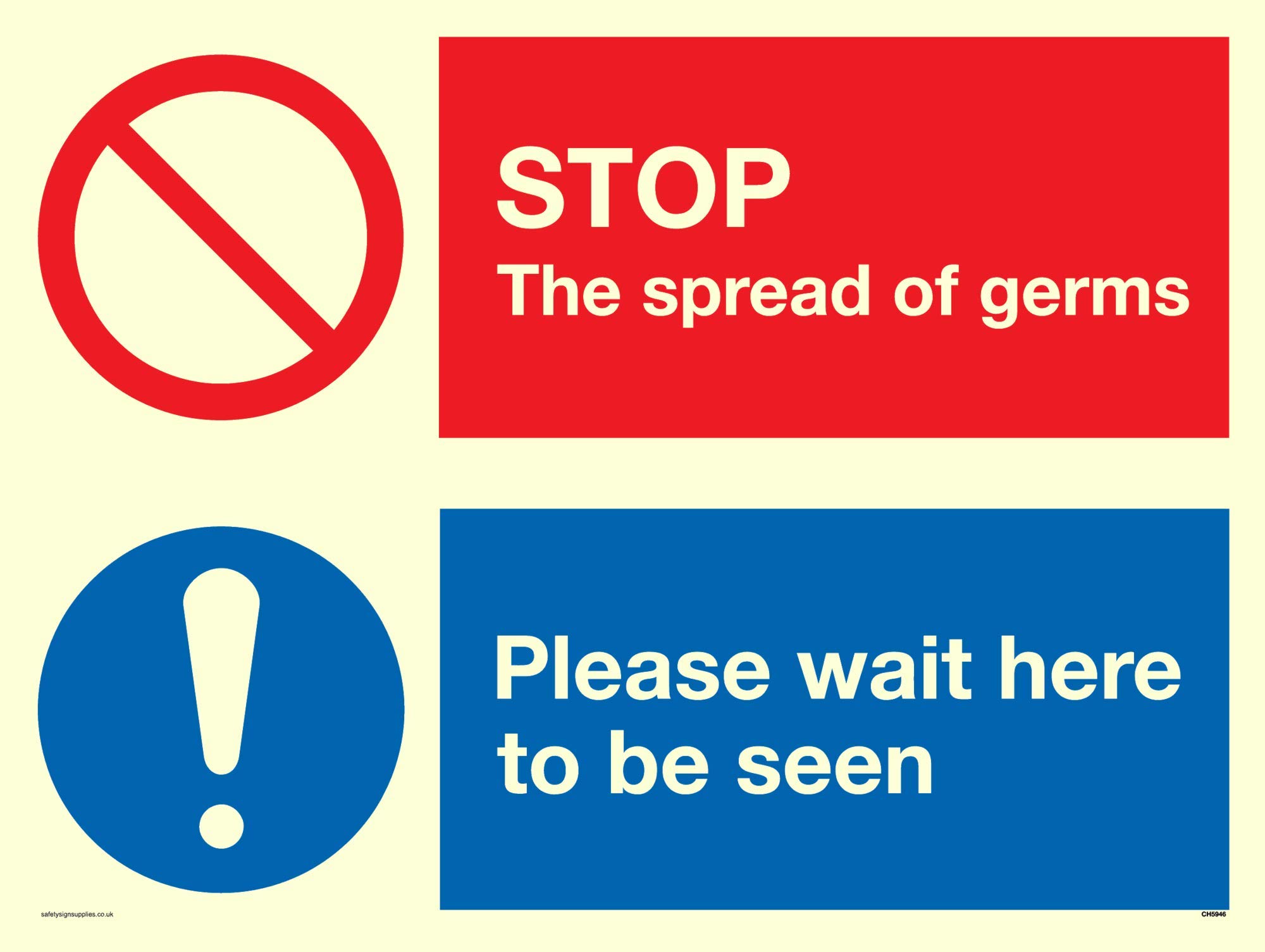 STOP germs PLEASE wait here to be seen sign - Vinyl Photoluminescent sticker