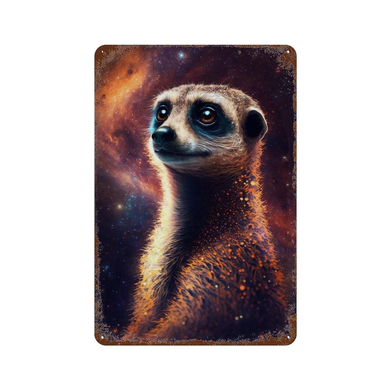 Weathered Tin Sign Meerkat in Space 11.8"x7.9", Rustic Home Decor for Bistro, Counter And Cafe Decor