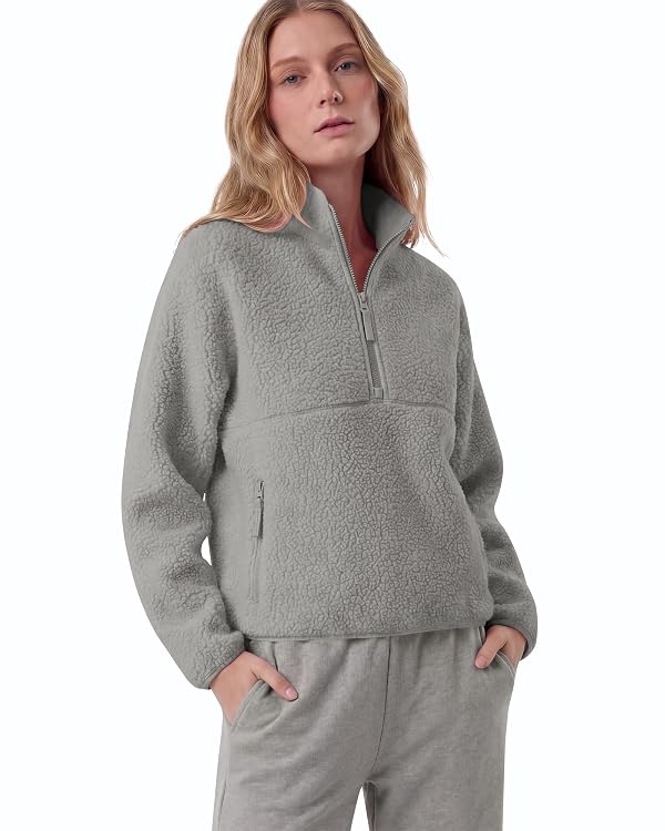 Locachy Women's Lightweight Half Zip Warm Fleece Sweatshirt Fall Winter Cozy Pullover Tops with Zipper Pockets Grey S by Locachy - Image 4