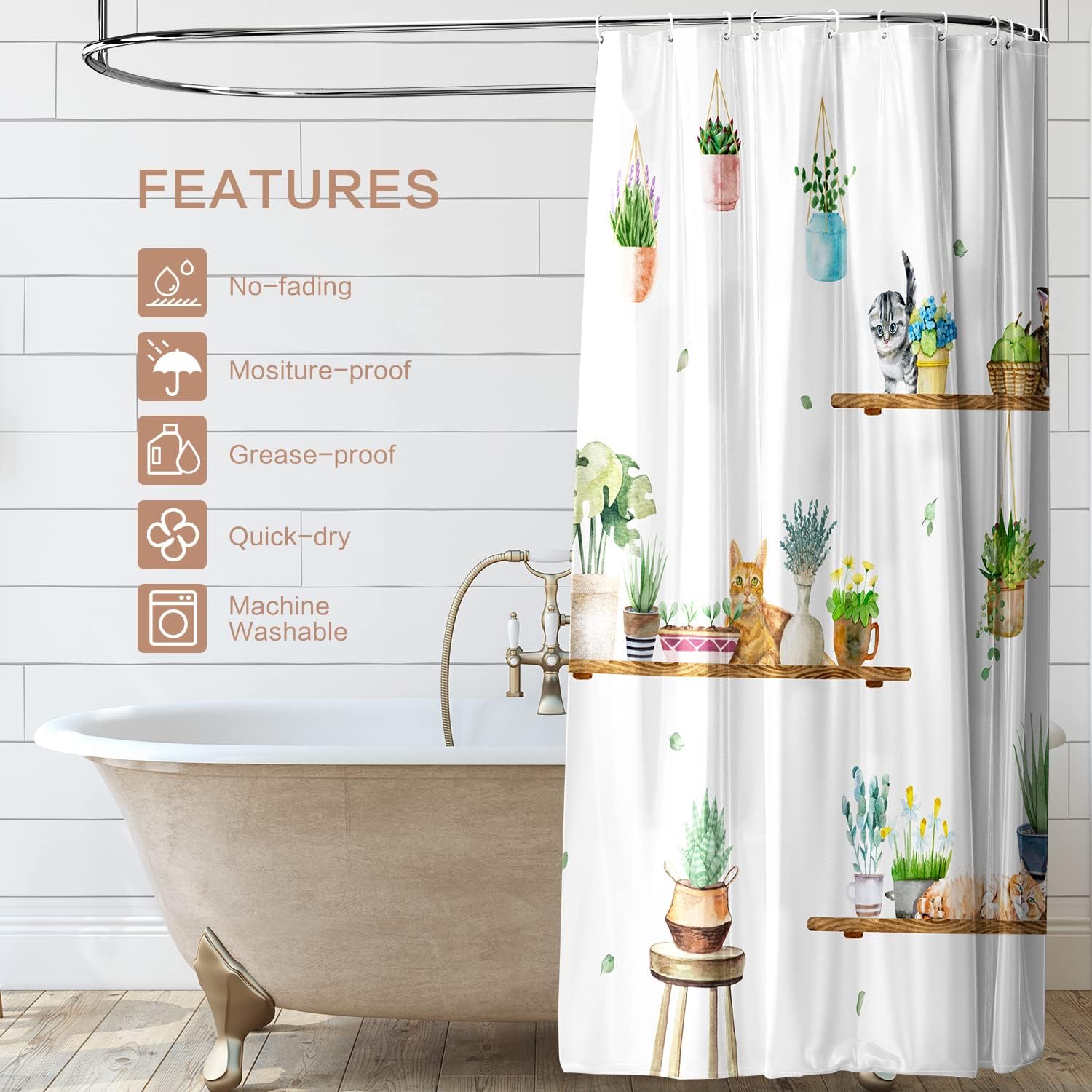 CutebriCase Hanging Potted Plants Cat Shower Curtain, Bracket Plant Kitty Shower Curtain for Bathroom with 12 Hooks, Polyester Fabric Waterproof Shower Curtain Sets Machine Washable Bath Curtain