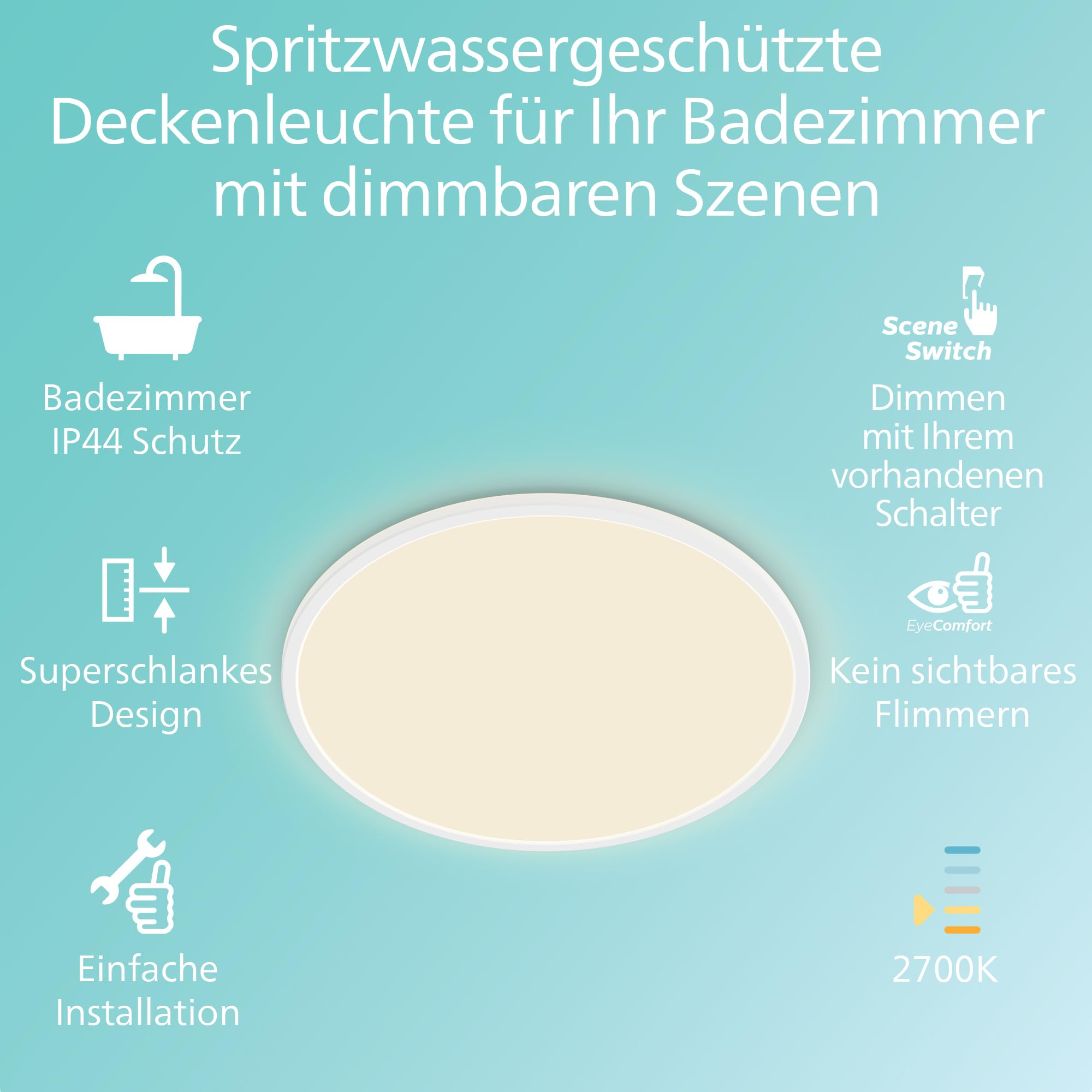 PHILIPS LED Badezimmer Deckenleuchte Superslim (18 W), 3 Lichteinstellungen, warmweißes Licht, dimmen ohne Dimmer, IP44 Schutz, weiß, 30cm