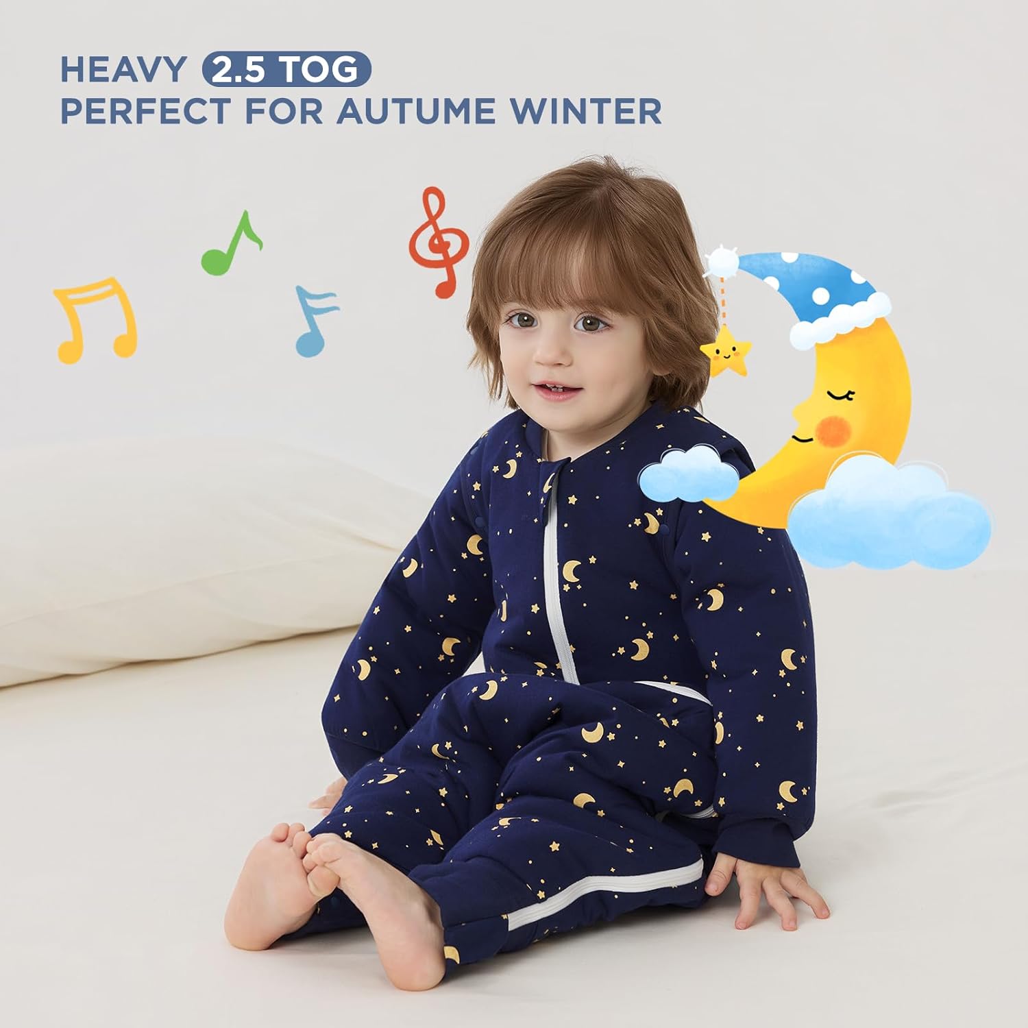 Duomiaomiao 2.5 TOG Toddler Sleep Sack 2-3T Months 100% Cotton Winter Side Open Zipper Baby Sleep Sack with Feet, Warm Toddler Wearable Blanket