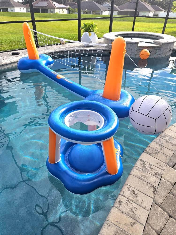 Juego de voleibol de piscina y aro de baloncesto, red de voleibol de piscina más grande de 125 pulgadas para enterrar, incluye 2 bolas y 2 bolsas de peso, juego de juguetes de piscina para