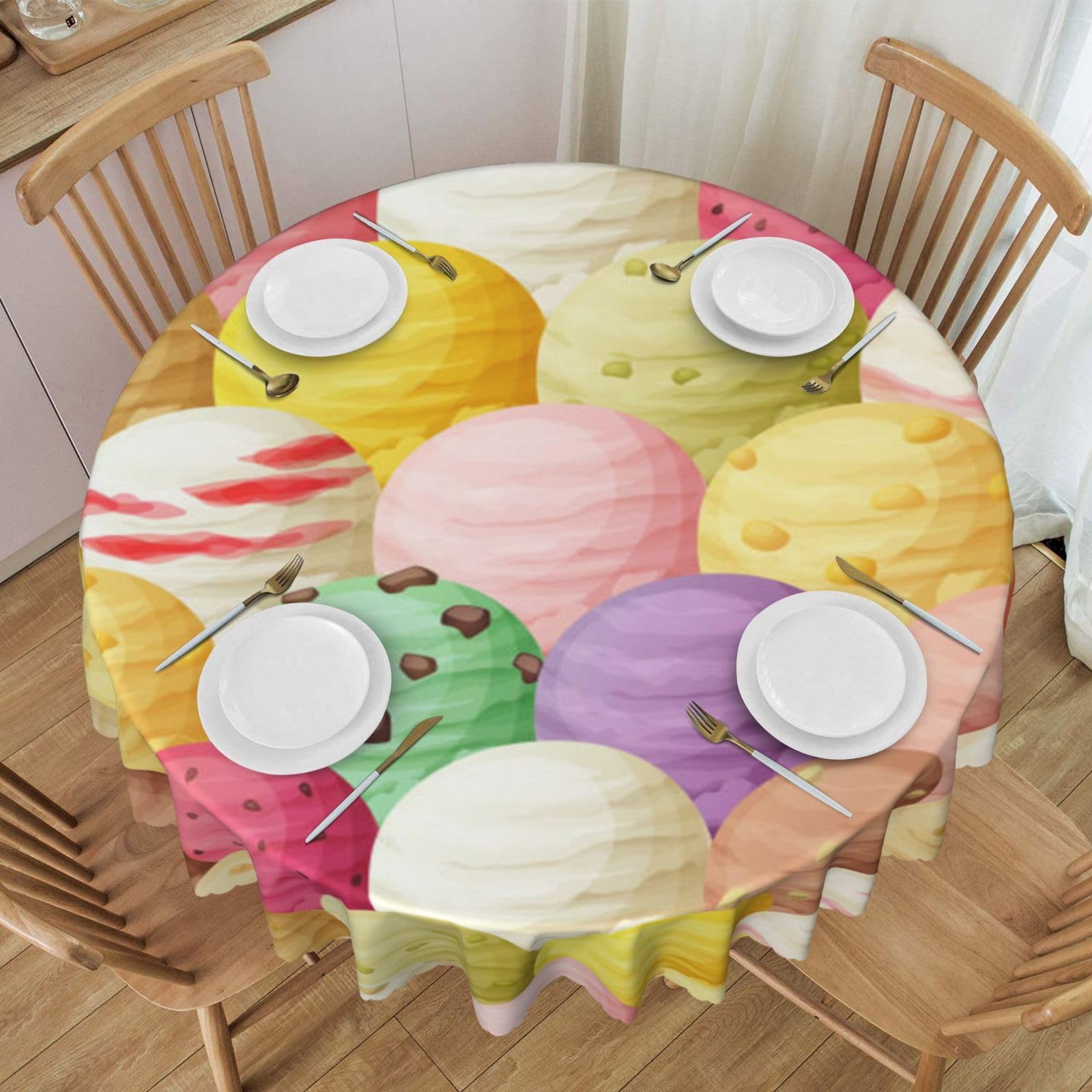 DCEHGEW 60 In Round Tablecloth with Lace, Ice Cream Printed Oilproof & Washable Fabric Picnic Table Cloth Table Covers