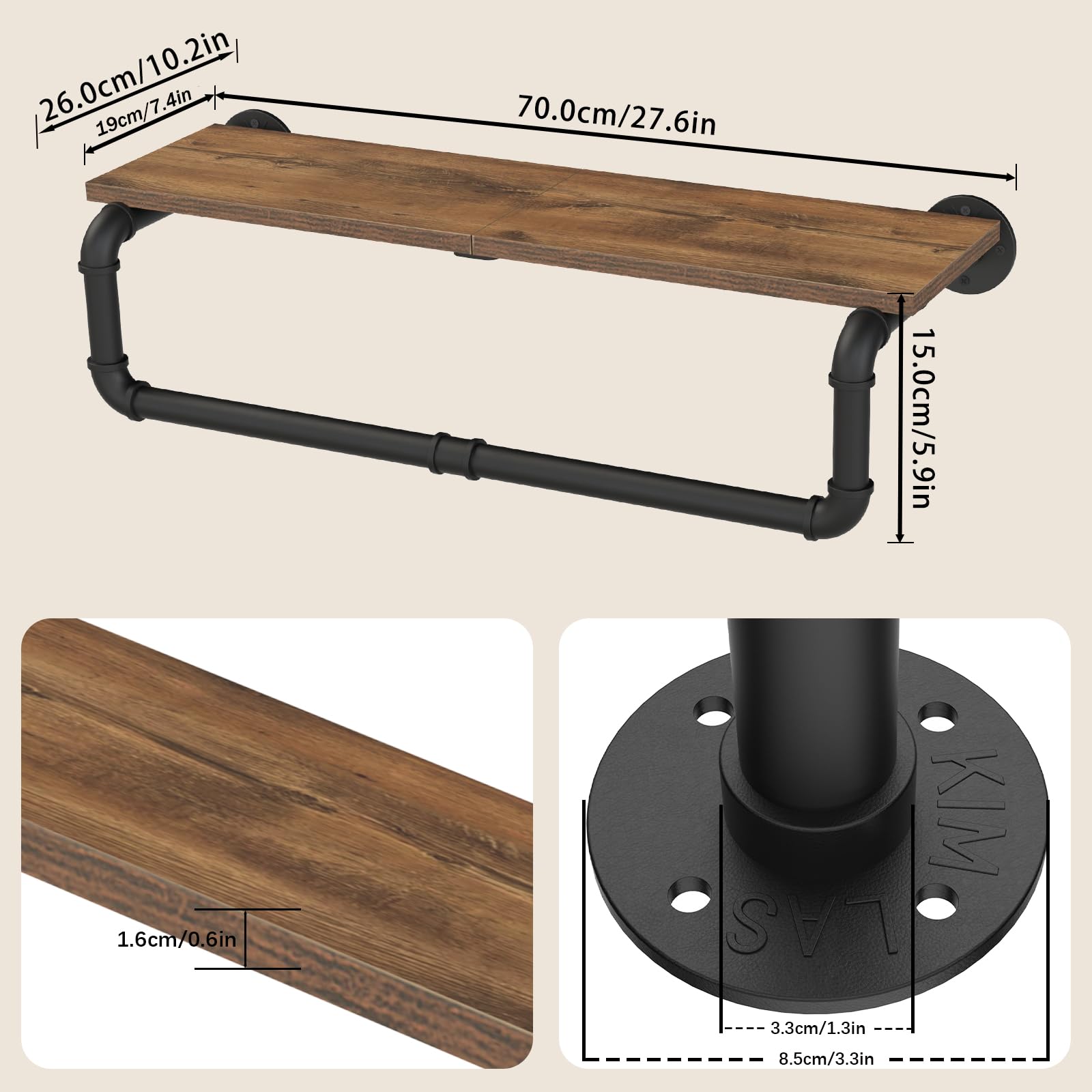 Perchero industrial de tubería con estante superior, postes de armario para colgar ropa, percheros de hierro resistente para montaje en pared, 27.6 x 10.2 x 5.9 pulgadas, negro 3