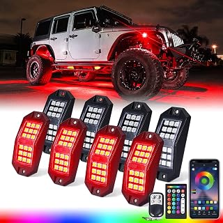 Xprite 8 Pods Rock Lights Wide Angle Bluetooth RGB Rocklights, Multicolor Neon Lighting Footwell Underglow Kits w/Wireless Remote, Compatible Jeep UTV ATV SUV RZR Off-Road Trucks Cars Boats