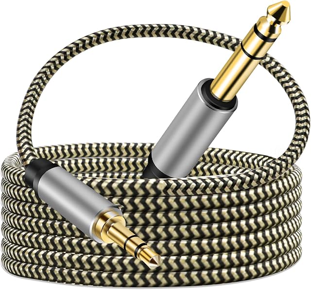 3.5mm to 6.35mm Audio Cable 1m, Gold-Plated Terminal Silver Color Zinc Alloy Housing 3.5mm 1/8" Male TRS to 6.35mm 1/4" Male TRS Nylon Braided Stereo Audio Cable for Cellphone, Amplifiers(1m/3Ft)