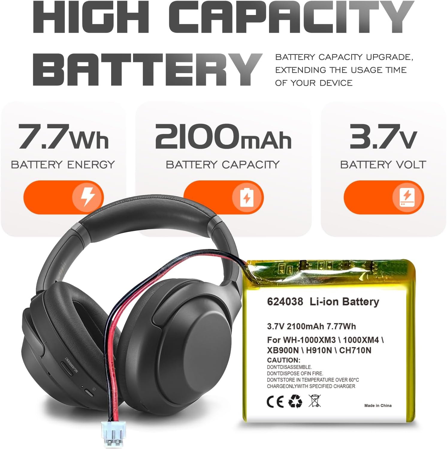 3.7V 2100mAh Replacement Battery for Sony WH-1000XM3/WH-1000XM4 Headphones,Compatible with WH-XB900N, WH-H910N, WH-CH710N Bluetooth Wireless Noise canceling Stereo Headset Battery