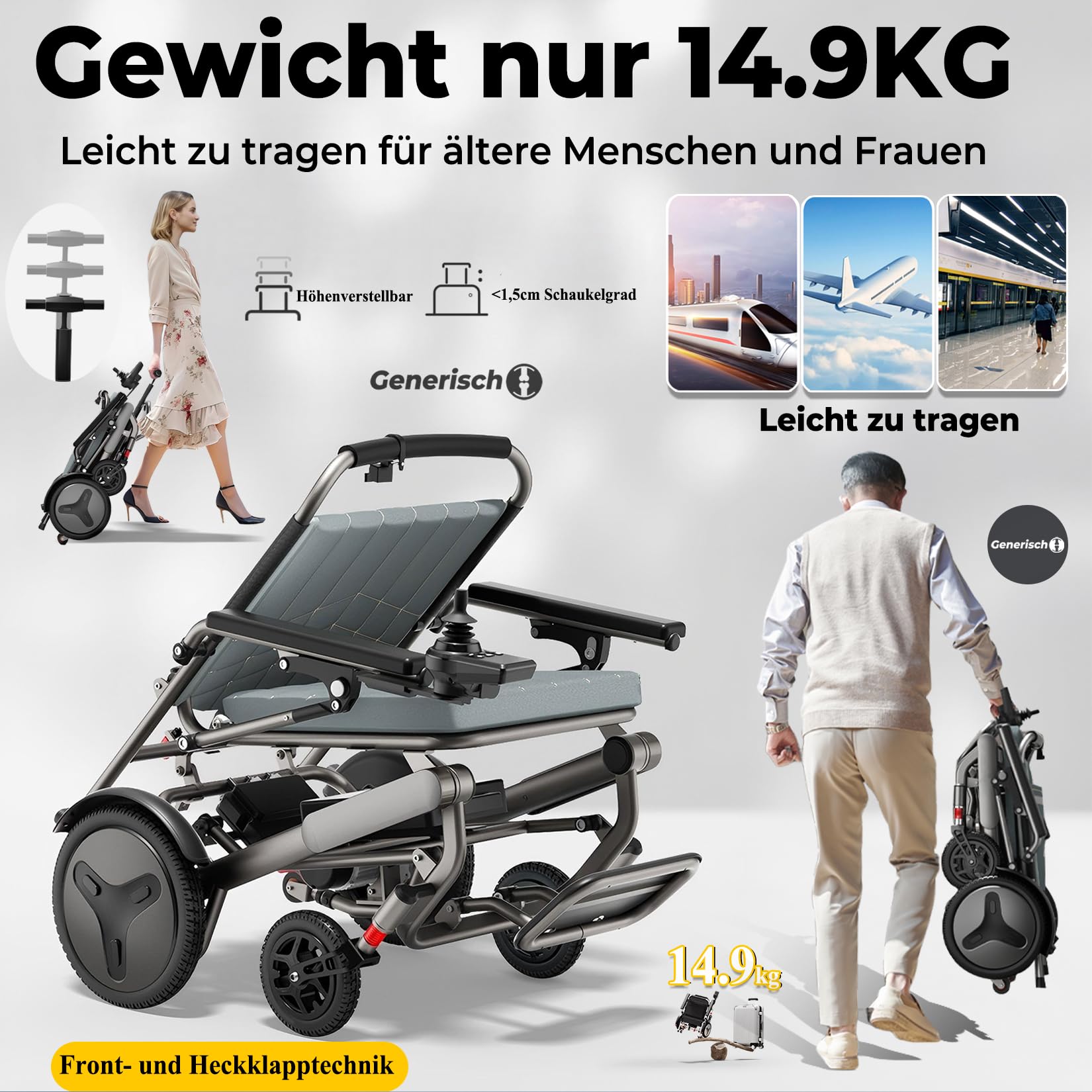 Elektrorollstuhl faltbar ultraleicht 14,9 kg – Reise Rollstuhl elektrisch für Senioren mit Fernbedienung, 400W Motor, 10–50 km, Lithium-Akku, 150 kg Tragkraft (6.6A)